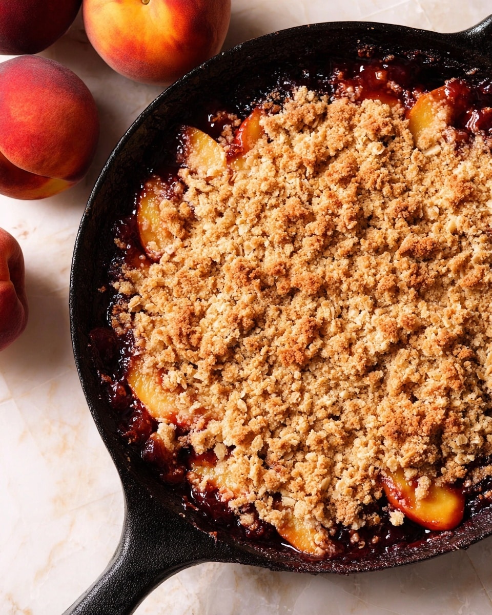 A close-up view of a peach crumble in a rustic black cast iron skillet with a single handle. The dish has two layers: the bottom layer is a rich, dark peach filling with visible bubbling juice around the edges, and the top layer is a golden-brown, crumbly oat topping that looks crunchy and slightly uneven in texture. The skillet sits on a white marbled surface, with two whole ripe peaches placed nearby, adding a fresh, natural touch to the scene. photo taken with an iphone --ar 4:5 --v 7