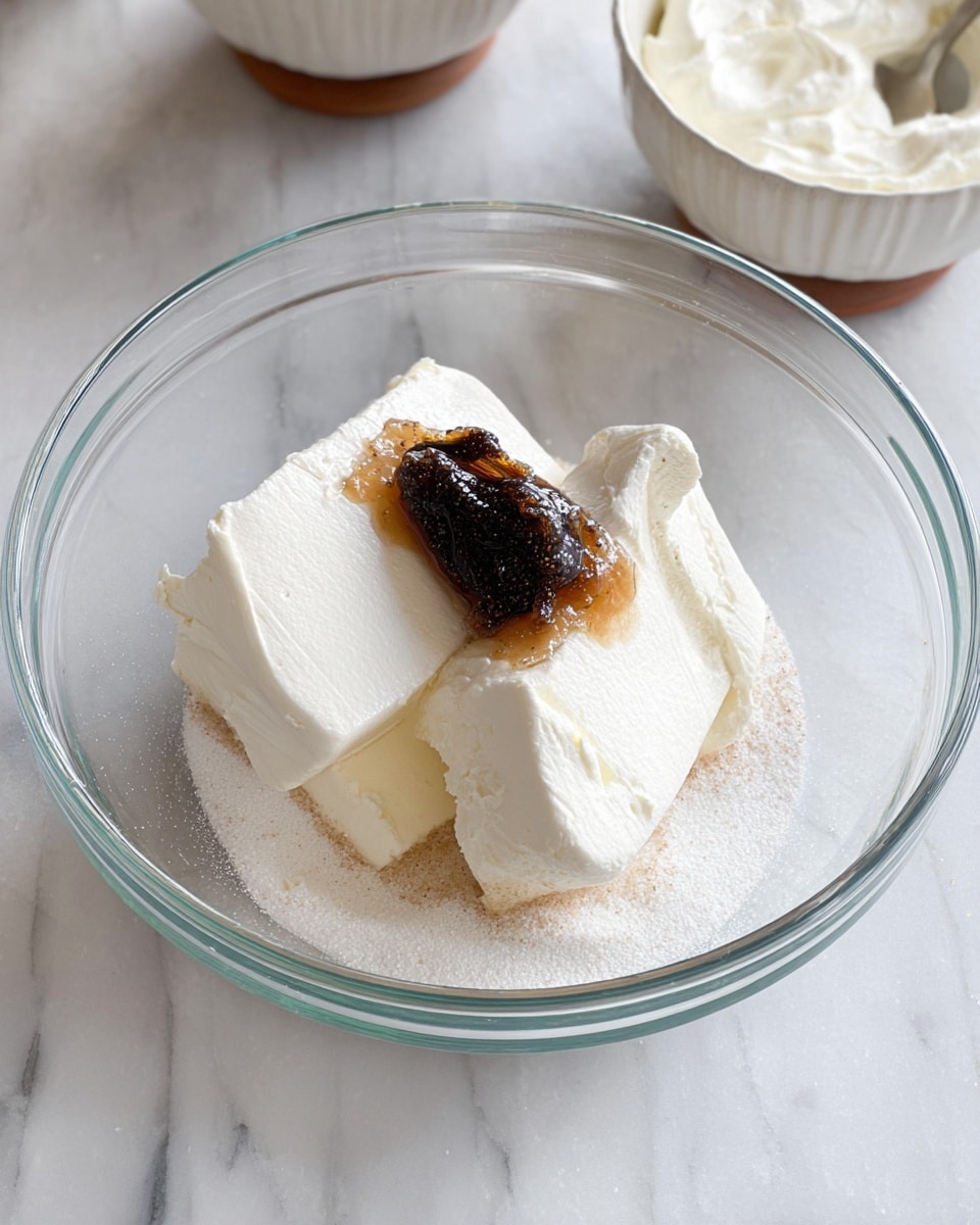 A clear glass bowl sits on a white marbled surface, inside the bowl are three large blocks of smooth, white cream cheese placed close together. On top of the middle block of cream cheese is a glossy, dark brown vanilla bean paste with a slightly granular texture. Underneath and around the cream cheese is a layer of white granulated sugar, covering part of the bowl's base. To the top right, parts of two white bowls with whipped white cream can be seen slightly out of focus. photo taken with an iphone --ar 4:5 --v 7