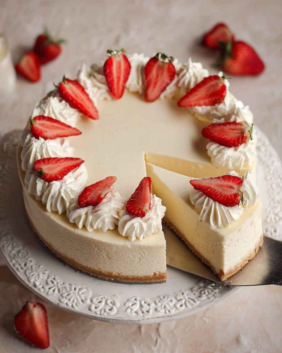 A cheesecake is shown with a light beige crust layer at the bottom and a thick creamy white filling above it. The top surface is smooth and pale cream in color. Around the edge, there are twelve small swirls of white whipped cream, each topped with a half slice of fresh bright red strawberry. One slice of the cake is lifted by a spatula, showing the clean layers sharply. The cake is on a white plate with delicate patterns, placed on a white marbled surface, with some scattered strawberry slices nearby. Photo taken with an iphone --ar 4:5 --v 7