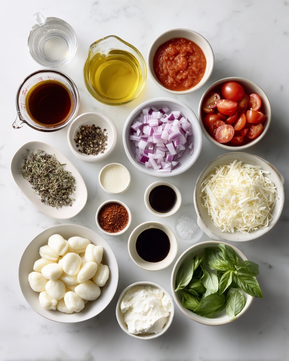 Top-down professional food photography flat lay style, bright white marble countertop, neatly arranged, evenly spaced, tidy, clean organized layout, include: small glass cup of oil, small bowl of diced red onion, small bowl of halved cherry tomatoes, small bowl of minced garlic, small bowl of tomato paste, glass measuring cup of vegetable broth, small bowl of lighter cream cheese, small bowl of dried oregano, small bowl of Italian seasoning, small bowl of dried thyme, small bowl of fresh gnocchi, small plate of thinly sliced mozzarella, small bowl of salt, small bowl of pepper, small bowl of thinly sliced fresh basil, bright soft natural lighting, sharp focus, high detail textures, realistic reflections, professional DSLR look, 4K, no finished dish, no cooked food, no hands, no text, no watermark, no brand logos --ar 4:5 --v 7
