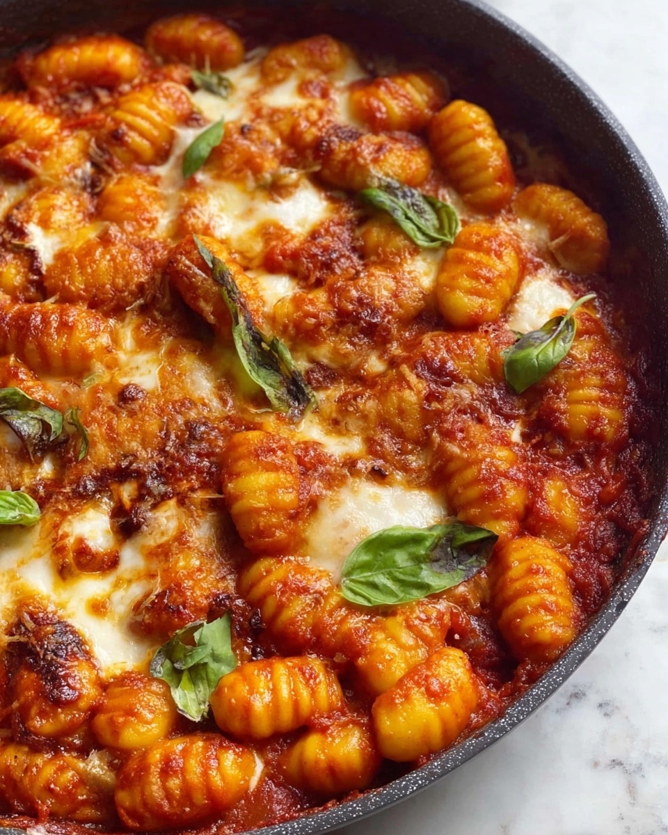 This dish shows a close-up of baked gnocchi served in a dark round skillet placed on a white marbled surface. The gnocchi pieces are small, ridged, and fully coated in a rich, thick red tomato sauce. Melted white cheese is visible underneath and between the gnocchi, bubbling and slightly browned in places. Fresh green basil leaves are scattered on top, adding bright color contrast. The texture looks soft and saucy with some crispy bits from baking, creating a hearty and appetizing look. photo taken with an iphone --ar 4:5 --v 7