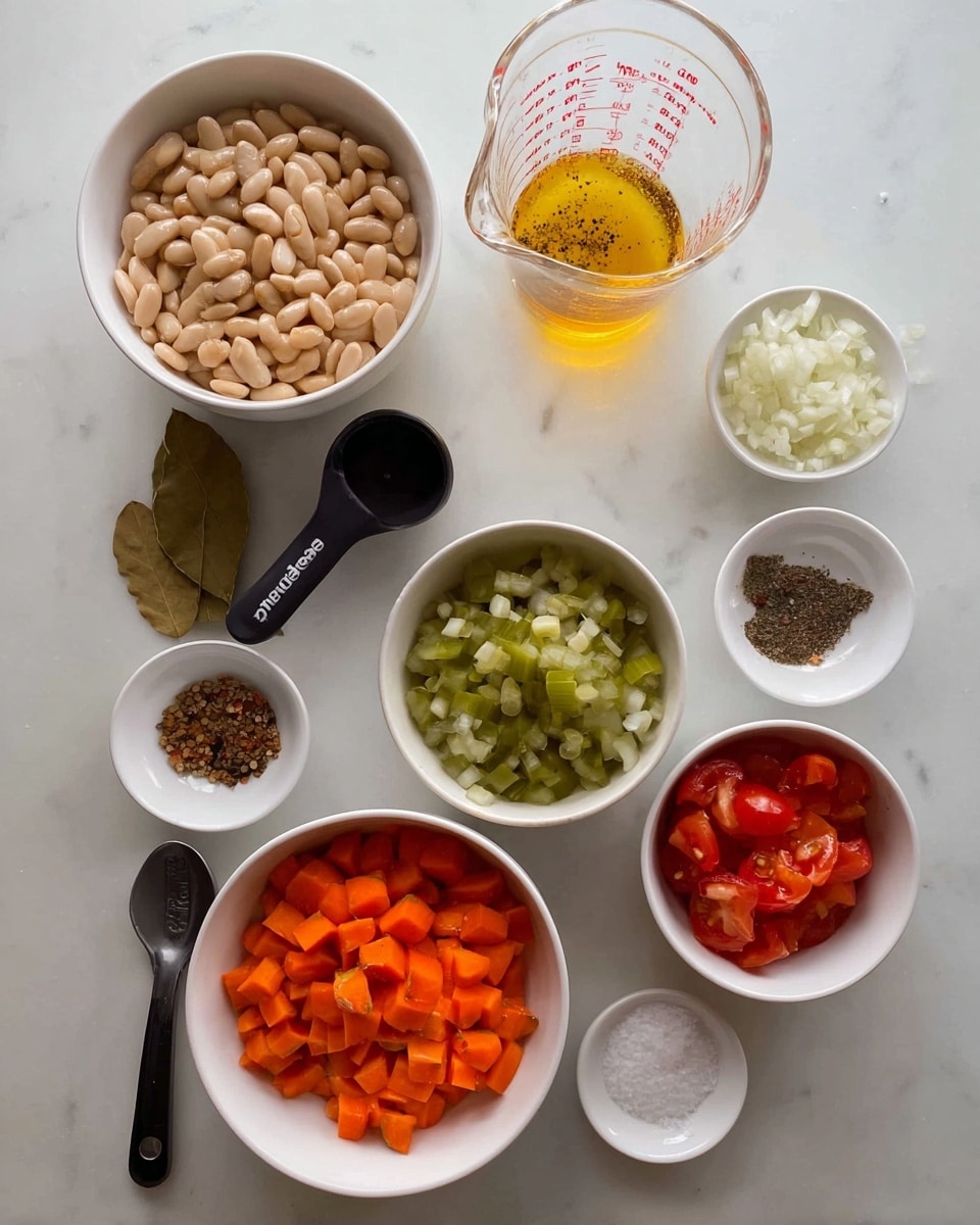 A white marbled surface holds several ingredients arranged neatly. At the center is a bowl filled with light beige beans. Below it, a white bowl contains diced bright orange carrots and green celery pieces. To the right, a white bowl has chopped red tomatoes. Above the beans, a transparent measuring cup contains a yellowish liquid with black specks, likely spices. To the left of the beans, a small bowl has dark dried chili and two brown bay leaves. Next to it is a black measuring spoon with dark liquid. To the right side of the beans, a small white bowl holds chopped white onions, and next to it, a smaller white bowl holds salt, with the salt partly visible. Another small white bowl has black pepper. A silver spoon rests near the chili and leaves. photo taken with an iphone --ar 4:5 --v 7