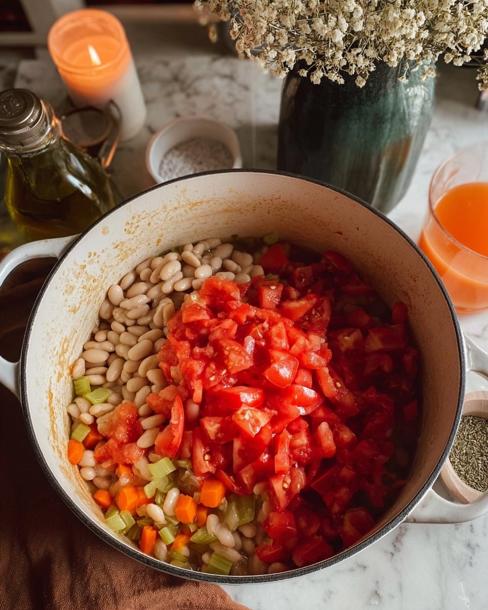 A white pot filled with three main layers: the bottom layer has small bits of orange carrots and green celery pieces visible around the edges, the middle layer is thick with large white beans covering the base, and the top layer is a generous heap of fresh, chopped bright red tomatoes with some juice and seeds scattered around. The inside walls of the pot show a light orange stain from cooking. In the background, a lit candle, a dark green vase with soft white dried flowers, a salt container, a glass with an orange drink, and an olive oil bottle sit on a white marbled surface with a brown cloth underneath. photo taken with an iphone --ar 4:5 --v 7