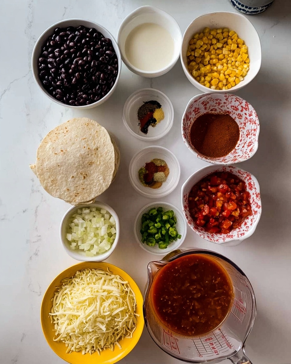 The image shows multiple small bowls and a measuring jug arranged on a white marbled surface. The top left bowl contains dark black beans, with a white bowl of cream next to it. Below are four small bowls: one with yellow corn kernels, one with mixed spices including red and green powders, one with cooked chopped green chilies, and one with finely chopped red tomatoes in a white bowl with a red pattern. Below these is a clear measuring jug filled with a reddish-brown sauce. Next to the jug is a folded tortilla and a yellow bowl filled with finely chopped white onions. At the bottom left is a white bowl full of shredded white cheese. The photo taken with an iphone --ar 4:5 --v 7