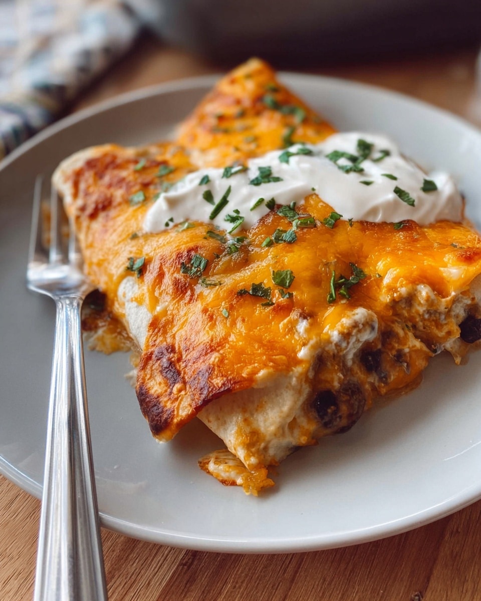 On a white plate, there is a folded enchilada with a crispy, browned top layer of melted orange cheese sprinkled with small green herbs. Below the cheese is a soft, light beige tortilla wrapping visible with a slightly folded edge. Some black beans and bits of onion peek out from the side. A dollop of white sour cream sits near the center, partially melting into the cheesy surface. To the left of the enchilada, a silver fork rests on the plate. The plate sits on a wooden surface with a blurred background. photo taken with an iphone --ar 4:5 --v 7