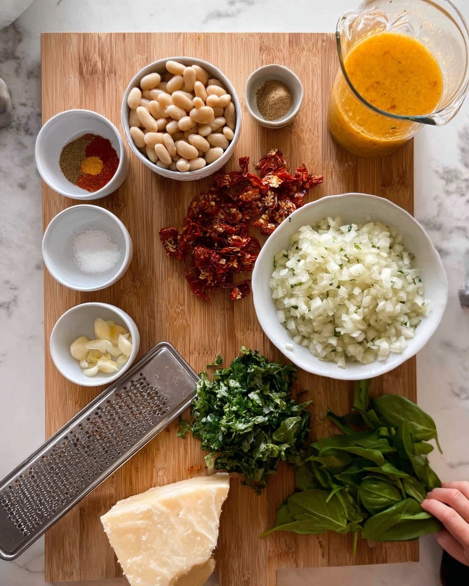The image shows a wooden cutting board on a white marbled surface with various ingredients arranged neatly. There is a white bowl filled with finely chopped onions on the right side. Below it and to the left, a white bowl contains soaked white beans. On the bottom left corner, a block of cheese rests near a metallic grater with some grated cheese on it. Towards the center left, small white bowls hold different spices: one has a mix of red powder and green herbs, another contains a creamy white sauce, and a third bowl near the top holds minced garlic. Above these bowls, there is a small pile of bright green leafy vegetables and chopped sun-dried tomatoes. A transparent container with an orange-yellow liquid is seen at the top right, tilted slightly. A woman's hand is visible on the right edge, adjusting some green leaves. photo taken with an iphone --ar 4:5 --v 7