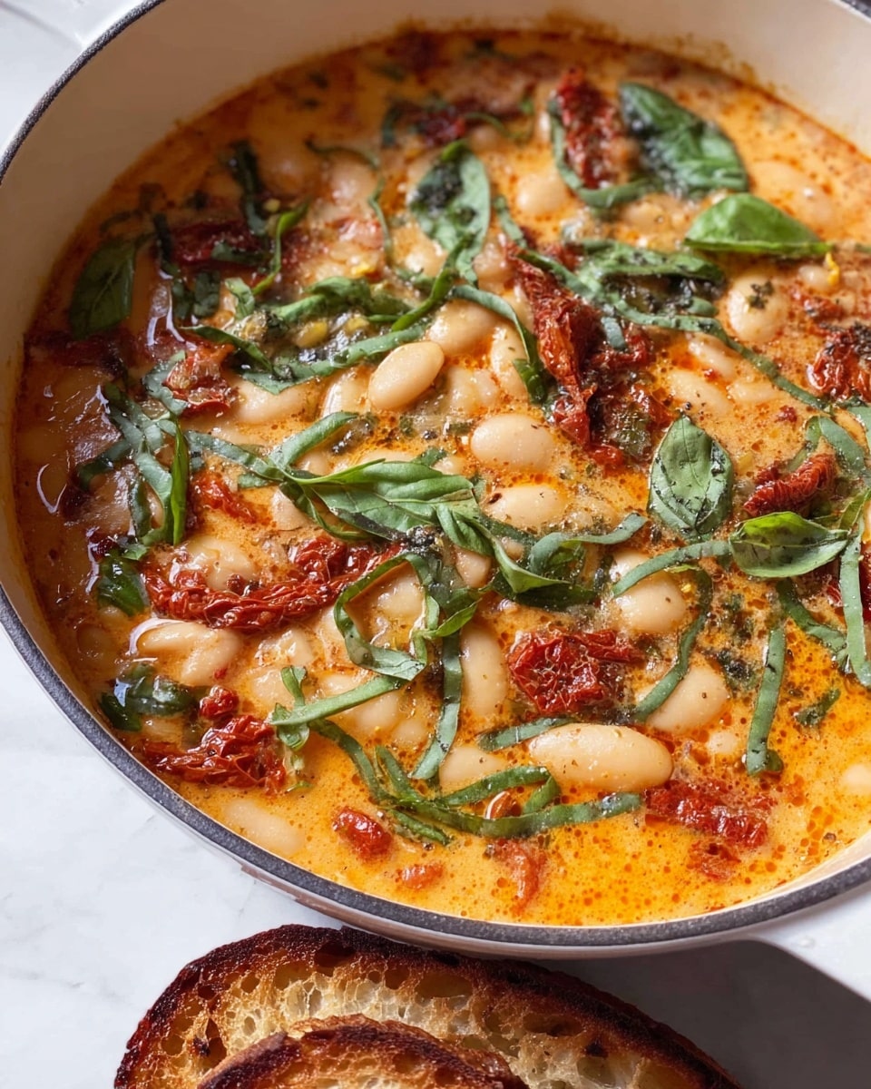 A close-up view of a white round pot filled with a warm dish, showing about three layers: the bottom layer is an orange creamy broth with a slightly oily texture, the middle layer consists of white large beans and pieces of sun-dried tomatoes scattered evenly, and the top layer has green fresh basil leaves thinly sliced and spread randomly. The pot sits on a white marbled surface, and part of brown toasted bread is visible at the lower right corner. Photo taken with an iphone --ar 4:5 --v 7