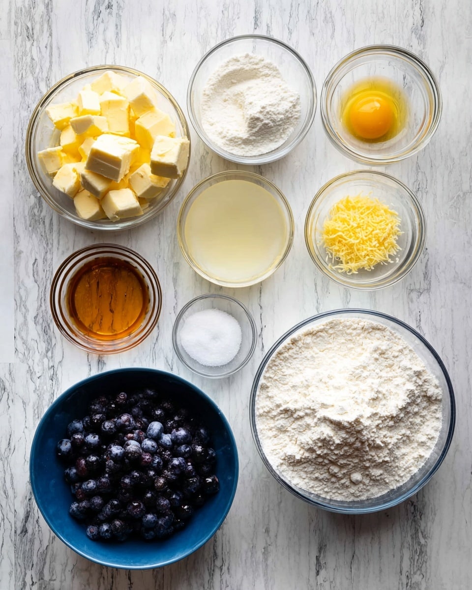 A white marbled surface holds nine clear glass bowls and one blue bowl with various baking ingredients neatly arranged. Starting from the top left, a bowl is filled with yellow and white cubed butter, followed by a smaller bowl with a single bright yellow egg yolk. To the right, a tiny bowl contains finely grated yellow zest. Below the egg yolk, a bowl holds clear lemon juice, and next to it is another bowl filled with golden honey. Near the center at the bottom, there is a small bowl of white salt and another with granulated white sugar. The bottom left features a bowl of white powdered sugar. The large blue bowl on the left side contains dark purple blueberries, and the largest bowl on the bottom right is filled with white flour. photo taken with an iphone --ar 4:5 --v 7