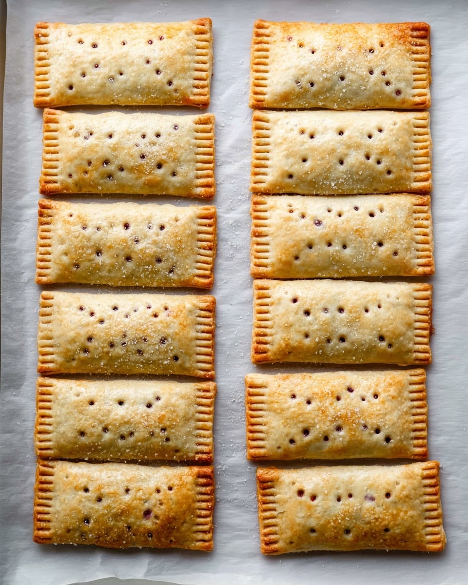 Eight rectangular pastries sit evenly spaced on a white marbled textured surface covered with baking paper. Each pastry has a light golden crust with slightly darker edges, and the tops are dotted with small, evenly spaced holes revealing a darker filling beneath. The edges of each pastry are pressed down with a fork to seal them, creating a ridged pattern all around. The pastries are arranged in two neat columns of four, showing a soft yet crisp texture overall. Photo taken with an iphone --ar 4:5 --v 7