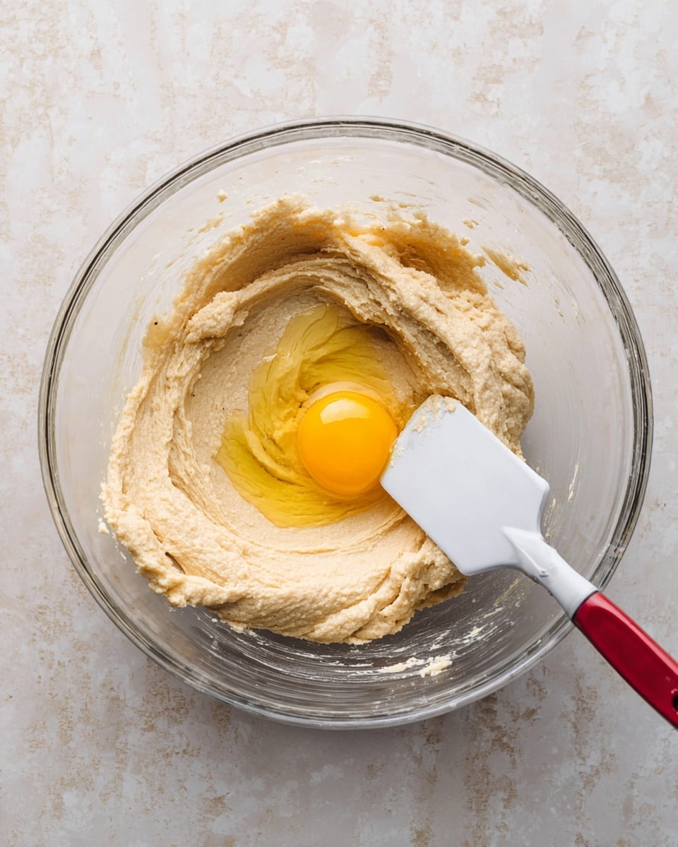A clear glass bowl holds a thick, light beige dough mixed smoothly along the inside. In the center, a bright yellow egg yolk sits on top of the dough with its clear liquid part spread slightly around it. A white spatula with a red handle rests inside the bowl on the right side, partially covered in the dough. The bowl is placed on a surface with a white marbled texture. photo taken with an iphone --ar 4:5 --v 7