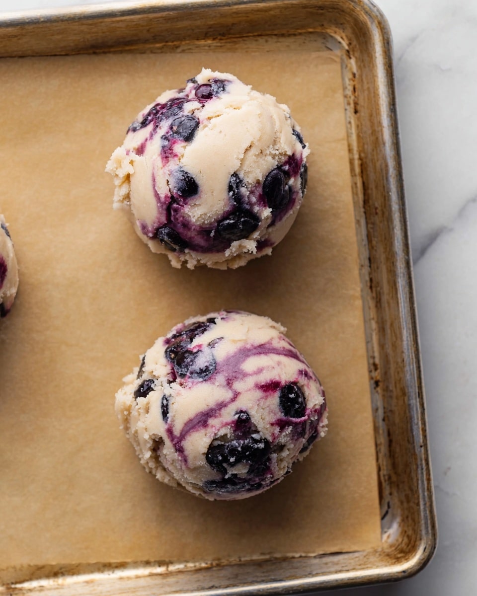 Two round scoops of blueberry cookie dough sit on light brown parchment paper on a metal baking tray. Each scoop is pale beige with visible layers of dark purple and blue blueberries, creating speckled and streaked textures on the soft dough. The dough looks dense and slightly crumbly with uneven edges. The metal tray has a golden-brown tint with slight stains, contrasting with the paper beneath. The background surface is a white marbled texture. photo taken with an iphone --ar 4:5 --v 7