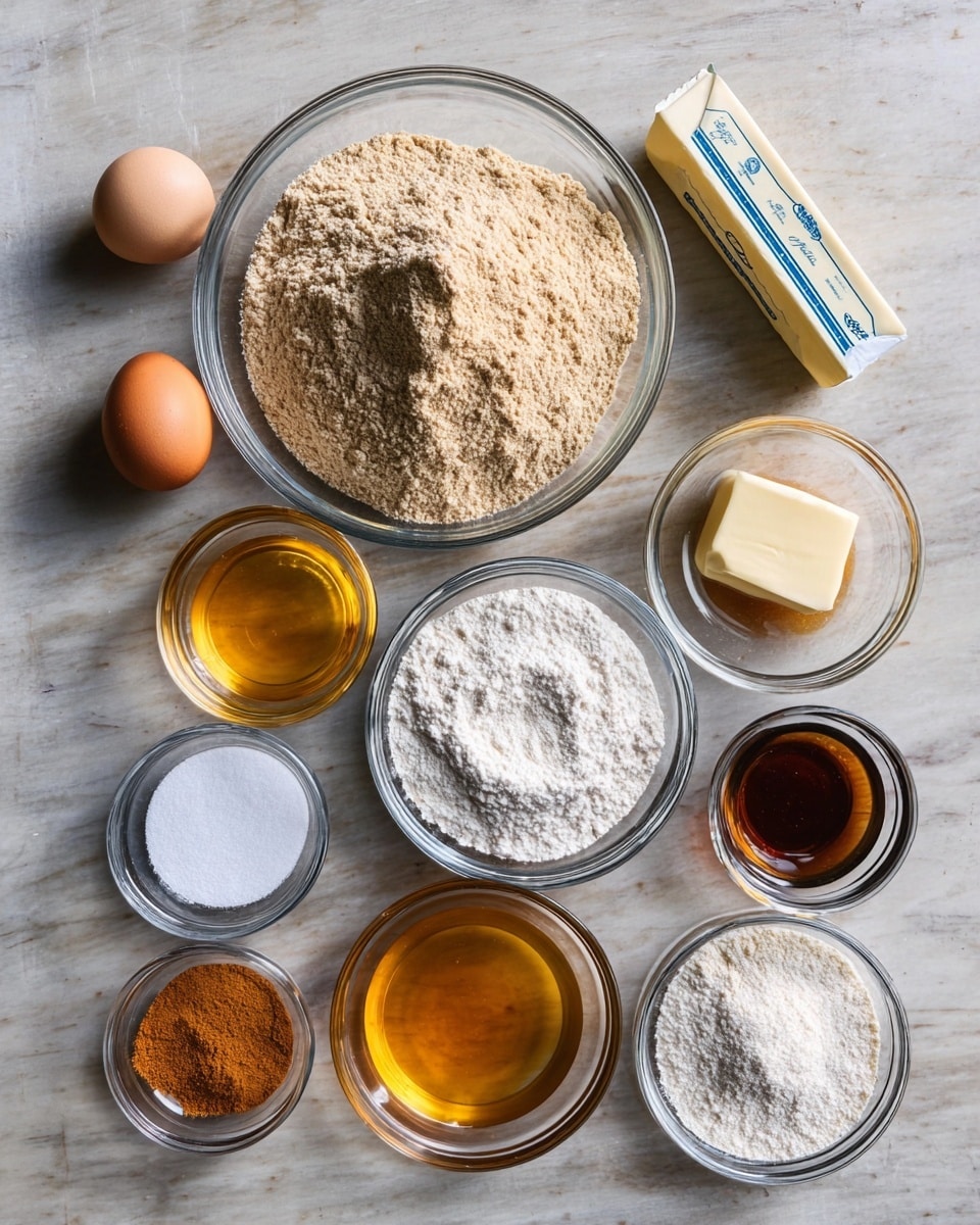 A top-down view of various baking ingredients arranged neatly on a white marbled surface. A large clear glass bowl near the top center holds a mound of light brown flour with a small dip in the middle. To its right is a stick of butter with a white and blue wrapper. Below the butter is a small glass bowl filled with golden honey. Below the large flour bowl is a smaller clear bowl with white flour, also with a dip in the center. Surrounding these are smaller bowls: light brown sugar on the left, white salt above it, a whole brown egg in the center, white granulated sugar to the right of the egg, white baking powder on the top right, dark vanilla extract at the bottom left, and orange cinnamon powder below the egg. All bowls are clear glass. The surface is a white marbled texture. Photo taken with an iphone --ar 4:5 --v 7