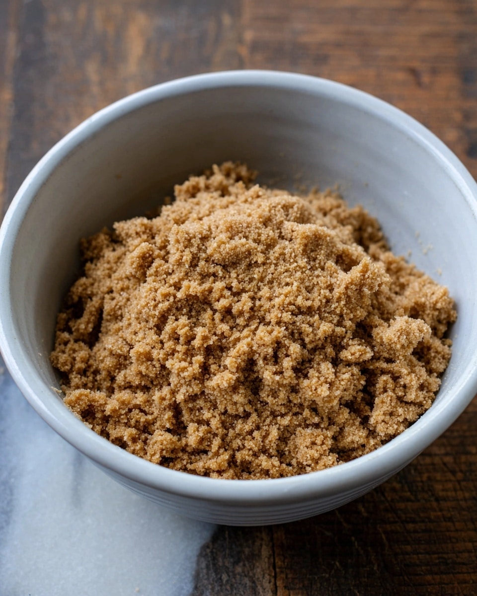 A white bowl holds a single layer of light brown crumbly mixture with a grainy texture, piled loosely within the bowl. The bowl sits on a white marbled surface, and the background is out of focus, showing a slightly textured, darker wood. The crumbly mixture takes up most of the bowl's inside, with small uneven clumps covering the surface photo taken with an iphone --ar 4:5 --v 7