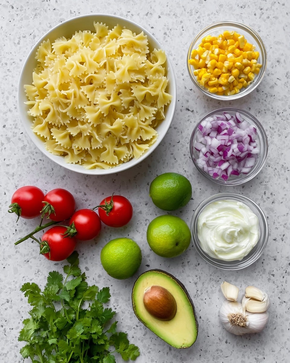 The image shows several ingredients neatly arranged on a white marbled surface. At the top left, there is a white bowl filled with dry farfalle pasta, light yellow in color with a bumpy texture. To the right, three small white glass bowls contain finely chopped red onion with a purple hue, bright yellow corn kernels, and white creamy yogurt. Below these bowls, there are two whole bright red cherry tomatoes on their green vine. Positioned on the left side near the bottom, there are two whole green limes. Next to them, one avocado is cut in half, showing its light green flesh and large brown seed inside. To the right of the avocado, two whole cloves of garlic with a smooth white skin are placed near a small bunch of fresh green cilantro. The whole setup is displayed clearly with a balanced, organized look. Photo taken with an iphone --ar 4:5 --v 7