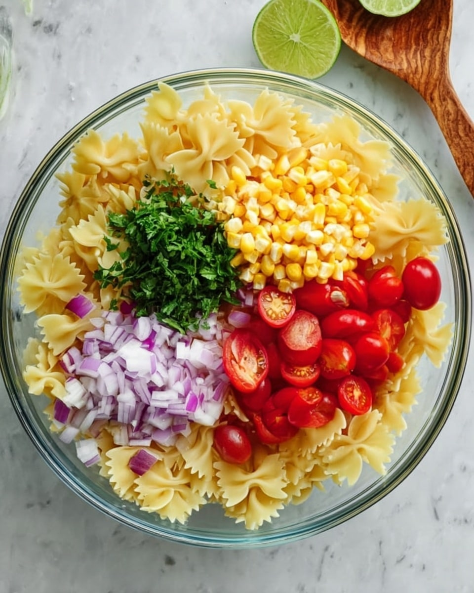 A clear glass bowl on a white marbled surface holds farfalle pasta as the base layer, its light yellow color showing through beneath four distinct piles of toppings arranged on top. To the upper left, bright green chopped herbs create a fresh and leafy texture, next to a mound of pale yellow corn kernels stacked at the upper right. Below them, finely diced red onion with purple and white pieces sits to the left, with a cluster of whole and halved small red cherry tomatoes filling the lower right section. Two halves of a lime rest in the upper right corner outside the bowl, and a woman's hand is visible holding a wooden spoon near the upper left. Photo taken with an iphone --ar 4:5 --v 7
