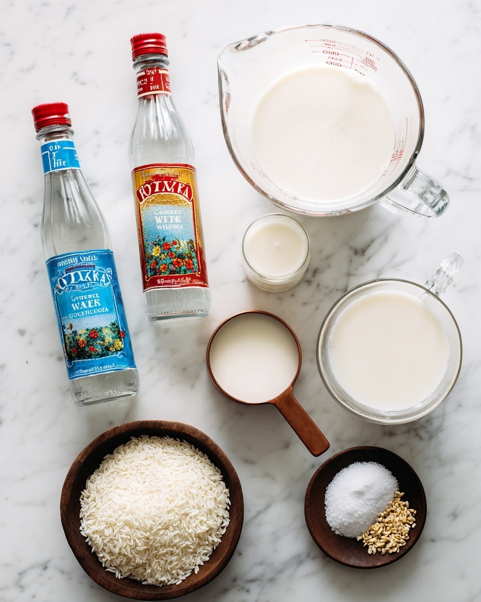 The image shows a top view of various ingredients placed on a white marbled surface. There are two clear glass bottles with colorful labels, one with a red cap labeled rose water and the other with a blue cap labeled orange blossom water. A large clear glass measuring cup filled with white milk sits on the right side, and below it is a smaller clear glass measuring cup filled with cream. In the center, a copper measuring cup holds white rice. Below and a little to the left, a small dark wooden bowl contains white granulated sugar. Next to the sugar bowl, a small dark wooden plate holds a few scattered seeds. Everything is arranged neatly, creating a clean, organized look photo taken with an iphone --ar 4:5 --v 7