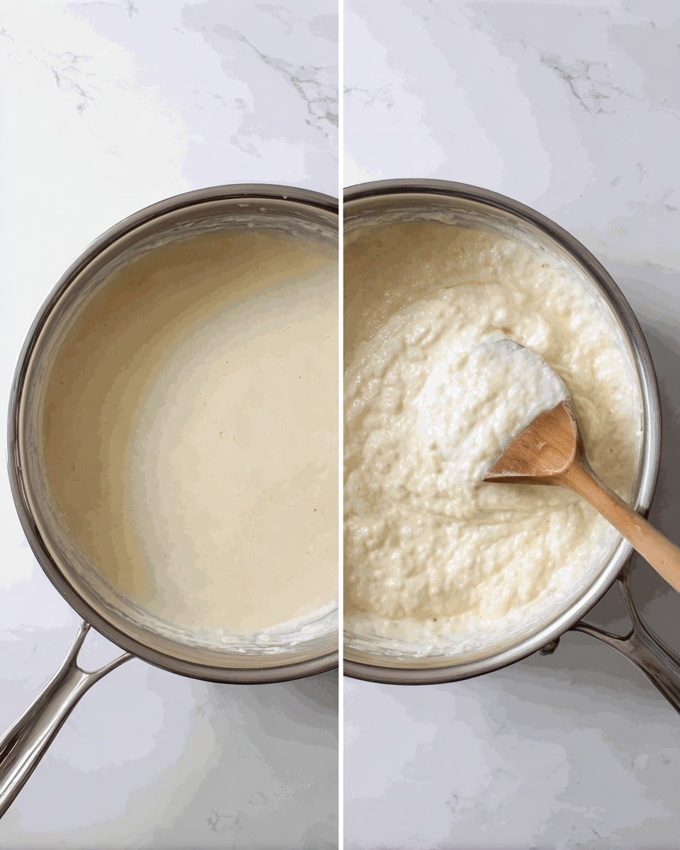 The image shows two side-by-side views of a stainless steel pot with a creamy white mixture inside. The pot is placed on a white marbled surface. In the left part, the smooth mixture fills the pot evenly with a slightly thick and lumpy texture visible. On the right side, a wooden spoon lifts some of the thick creamy mixture, showing its soft, slightly chunky texture. The pot's shiny metal surface reflects light softly. Photo taken with an iphone --ar 4:5 --v 7