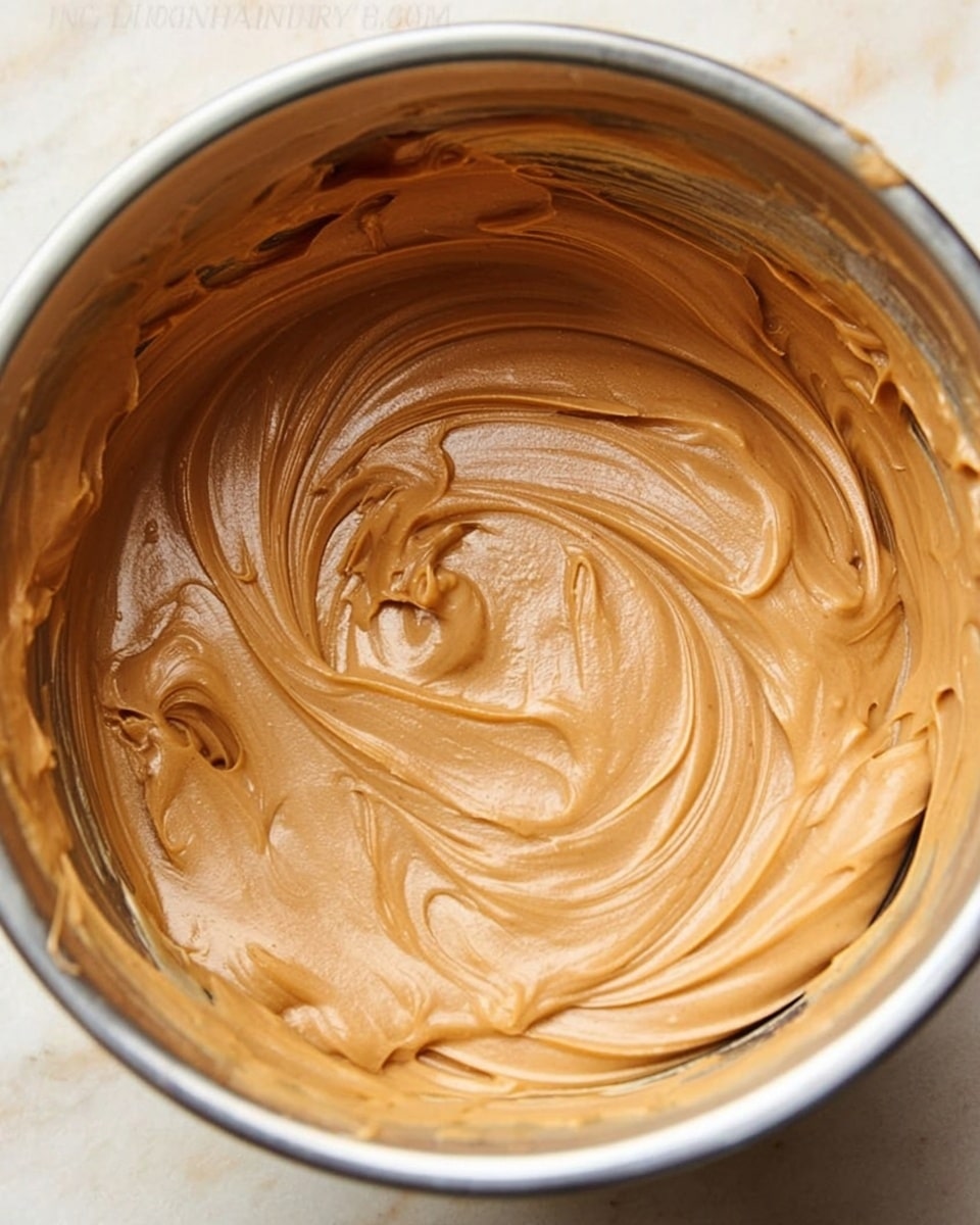 A close-up view inside a silver metal bowl filled with smooth, light brown peanut butter. The peanut butter has a creamy texture with swirls and gentle peaks made by a stirring motion, covering the bottom and sides of the bowl evenly. The inside of the bowl shows some creamy peanut butter streaks along the edges. The bowl sits on a white marbled surface. photo taken with an iphone --ar 4:5 --v 7