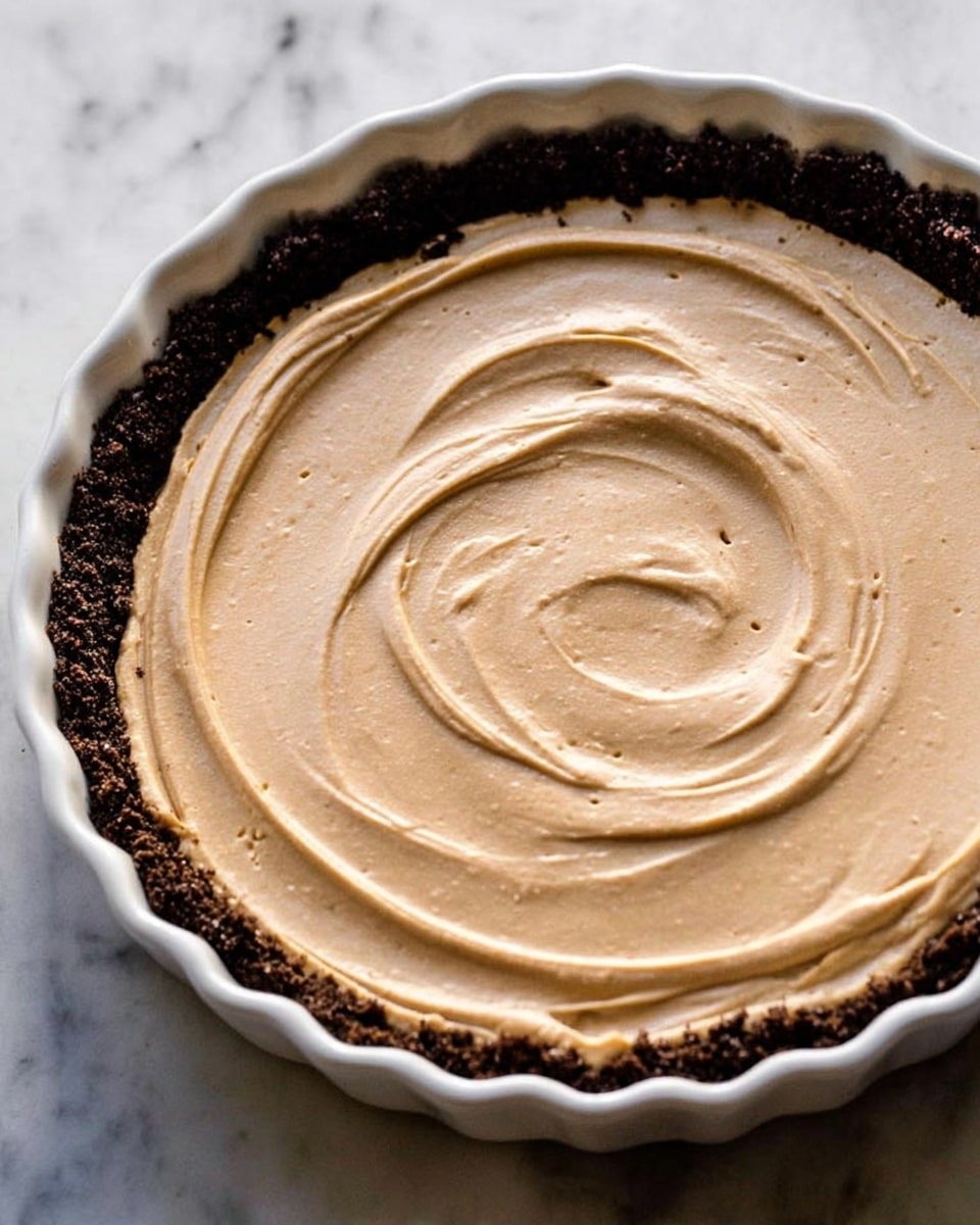 The image shows a pie with two layers: a dark brown crumb crust forming the bottom and sides with a rough texture, and a smooth, creamy light brown filling spread evenly on top with a spiral pattern made by swirling the surface. The pie is placed in a white fluted dish, sitting on a white marbled surface. The lighting highlights the creamy texture and the crust's crumbly edges clearly. photo taken with an iphone --ar 4:5 --v 7