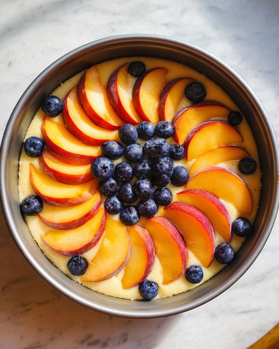 A round silver baking pan filled with a smooth, creamy light yellow batter as the base layer. On top, there are two layers of fruit: the first layer has evenly spaced peach slices arranged in a spiral from the center to the edge, showing their soft orange and red skin with a juicy texture. The second layer has small, round blueberries scattered between the peach slices, adding dark blue spots of color and a slightly glossy texture. The pan sits on a white marbled surface with soft natural light highlighting the fresh fruits. Photo taken with an iphone --ar 4:5 --v 7