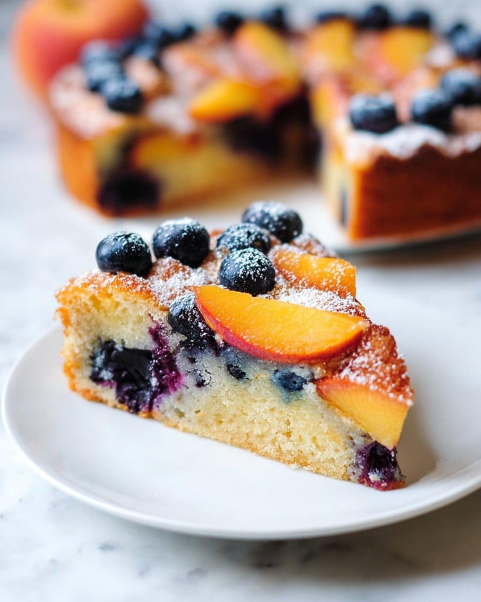 A slice of fruit cake sits on a white plate against a white marbled background. The cake has three visible layers: a light golden brown crust at the bottom, a soft, pale yellow middle layer with blueberries and peach slices embedded inside, and a top layer decorated with whole blueberries and peach slices arranged neatly. The cake is lightly dusted with powdered sugar, adding a fine white texture on the fruit and cake. In the background, the whole cake, with a thick, golden-brown crust and fruit topping, is slightly out of focus, showing more blueberries and peach slices on top. Photo taken with an iphone --ar 4:5 --v 7