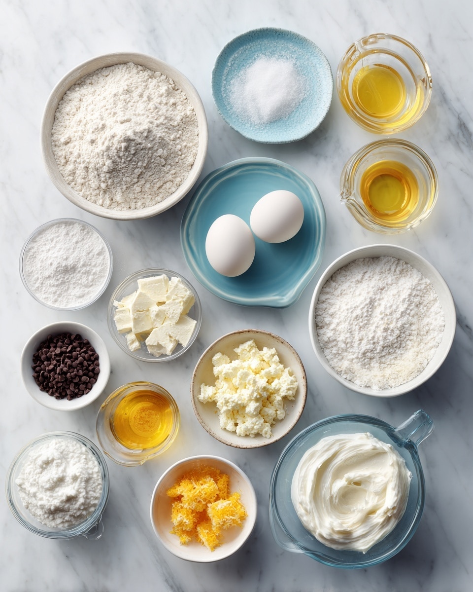 Top-down professional food photography flat lay style, bright white marble countertop, neatly arranged, evenly spaced, tidy, clean organized layout, include: bowl of all-purpose flour, small bowl of granulated sugar, small plate with two large egg whites, small glass cup of canola oil, small plate with melted butter, small glass bottle of vanilla flavoring, small bowl of powdered sugar, bowl of ricotta cheese, bowl of cream cheese, glass measuring cup of heavy whipping cream, small bowl with grated orange zest, small bowl of semisweet mini chocolate chips, bright soft natural lighting, sharp focus, high detail textures, realistic reflections, professional DSLR look, 4K, no finished dish, no cooked food, no hands, no text, no watermark, no brand logos --ar 4:5 --v 7