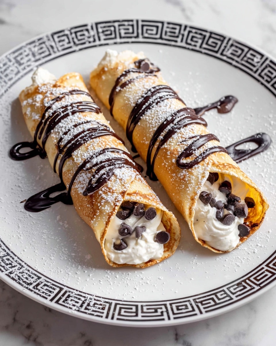 Two rolled golden brown crepes are placed side by side on a white plate with a black geometric pattern along the rim. Each crepe is filled with white creamy filling that is visible at the open ends, topped with several dark chocolate chips. The crepes are drizzled with dark chocolate sauce in thin lines across the top, and there is a light dusting of powdered sugar on the surface. Some droplets of chocolate sauce rest on the plate around the crepes. The plate sits on a white marbled surface. photo taken with an iphone --ar 4:5 --v 7