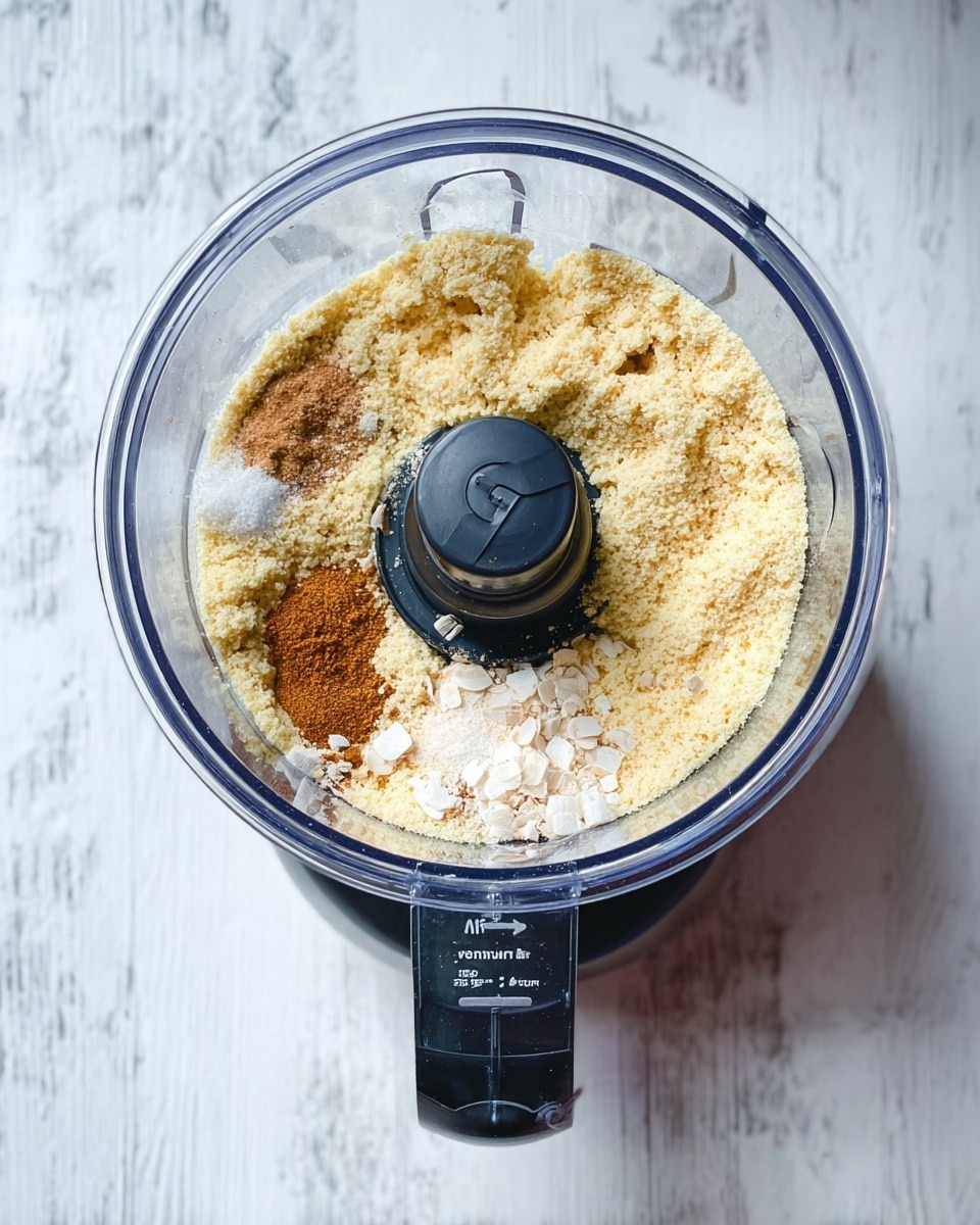 Top view of a clear food processor bowl filled with a mix of pale yellow powder, small amounts of white granules, and light brown spice powders scattered mostly on one side near the center blade. The food processor lid and black control panel are visible at the bottom. The whole setup is placed on a white marbled surface. Photo taken with an iphone --ar 4:5 --v 7
