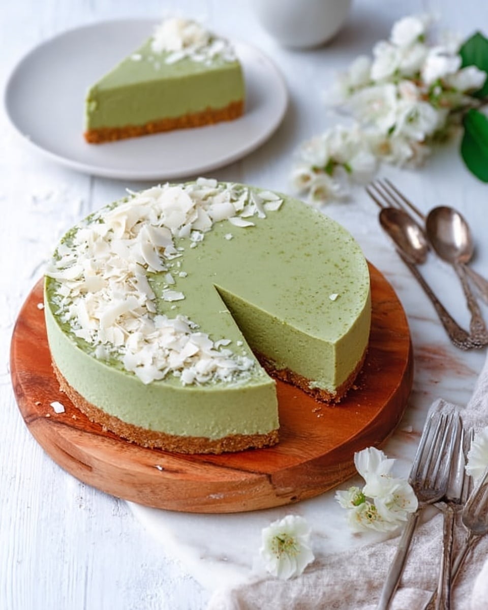 A round green cake with two visible layers sits on a wooden board placed on a white marbled surface. The bottom layer is a light brown, crumbly crust, and the thick top layer is a smooth, pale green filling. White chocolate shavings are sprinkled over the top of the cake. A slice is removed and placed on a white plate behind the cake, showing the layers clearly. Two silver forks lie next to the cake on the white marbled surface, and white flowers are arranged nearby adding a soft touch. Photo taken with an iphone --ar 4:5 --v 7