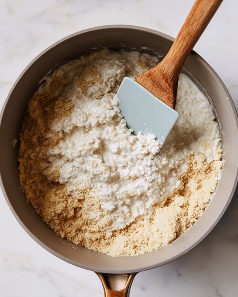 The image shows a close-up of a gray pot filled with a creamy white rice mixture topped with a thick layer of light brown powder. A wooden spatula with a light blue silicone head is resting inside the pot, its head partially covered by the powder. The pot is placed on a white marbled surface, and the texture of the rice looks soft and slightly sticky with the powder unevenly spread on top. photo taken with an iphone --ar 4:5 --v 7