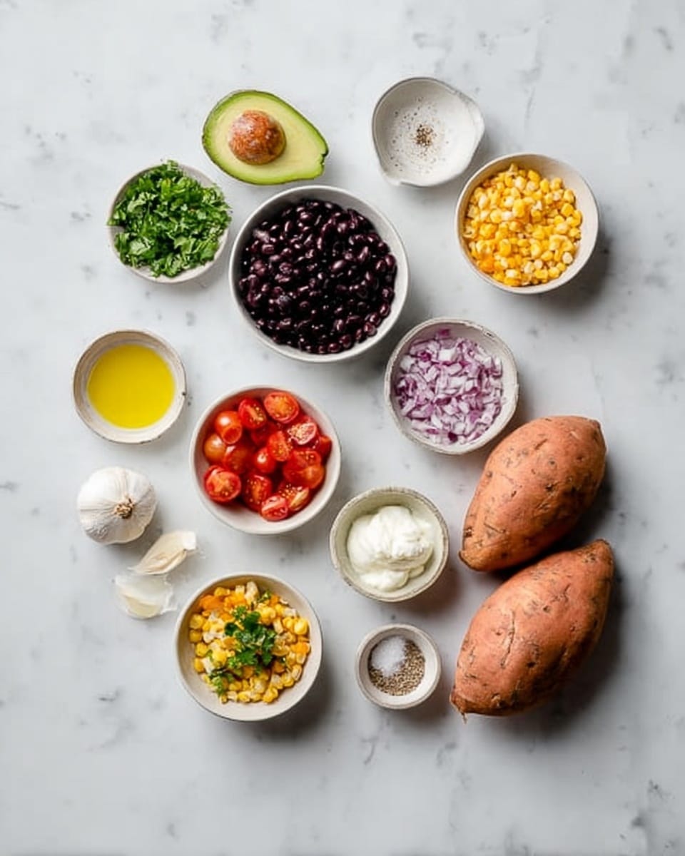 The image shows ingredients laid out on a white marbled surface. There are three whole sweet potatoes on the right side. Around the sweet potatoes, there are several small white bowls, each with different ingredients: black beans, chopped red onions, halved cherry tomatoes, chopped green herbs, corn kernels, olive oil, sour cream, and a small bowl of light yellow liquid. A whole avocado and a garlic clove are placed near the center. There is also a tiny white bowl with salt and spices. Everything is neatly arranged with clear colors and textures, showing a fresh and healthy meal setup. Photo taken with an iphone --ar 4:5 --v 7