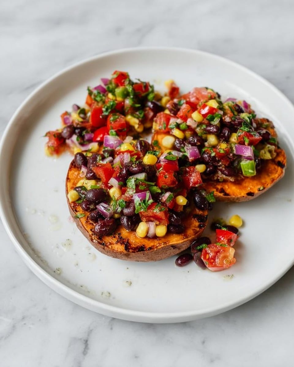 The dish shows two round sweet potato halves with a soft orange texture and char marks on top, placed on a white plate. Each sweet potato half is covered with a colorful mix of chopped tomatoes, black beans, corn kernels, finely chopped red onion, and green herbs, all sitting loosely on the potatoes with some spilling on the plate. The background is a white marbled surface, making the bright colors of the vegetables and the sweet potatoes stand out clearly. photo taken with an iphone --ar 4:5 --v 7