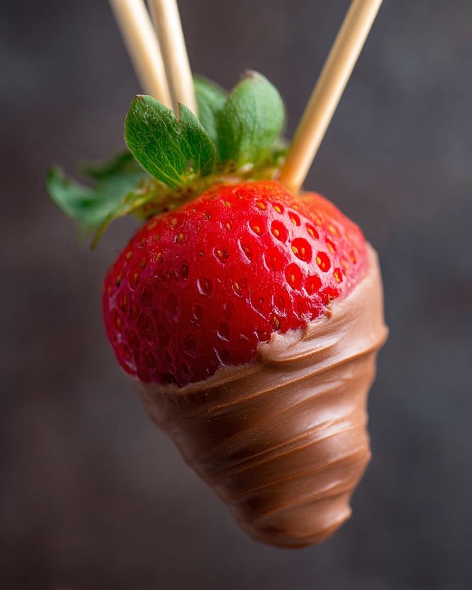 A close-up image of a fresh red strawberry dipped partially in smooth milk chocolate, held by two light wooden sticks inserted at the top near the green leaves. The strawberry's vibrant red color contrasts with the creamy brown chocolate coating that covers about half of the fruit, showing a soft texture with slight swirls. The background is simple and dark, making the strawberry stand out clearly. Photo taken with an iphone --ar 4:5 --v 7