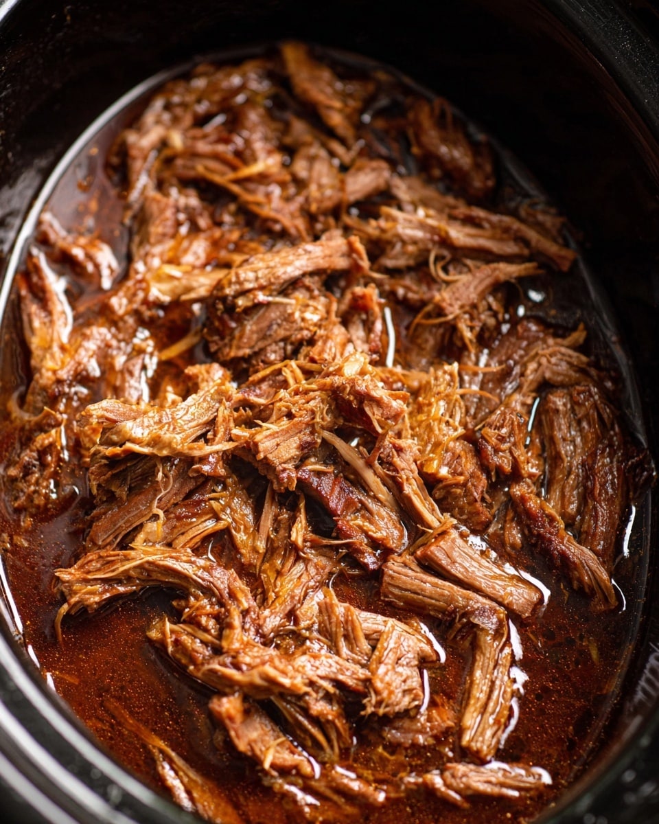 The image shows a close-up of shredded meat cooked in a rich, dark brown sauce, sitting inside a dark slow cooker pot. The meat is pulled apart into thin, tender pieces with a soft and moist texture, glistening with the oily sauce that pools around it. The colors are mainly various shades of brown, with some parts darker and others lighter, showing depth and juiciness. The surface beneath the pot is a white marbled texture. photo taken with an iphone --ar 4:5 --v 7