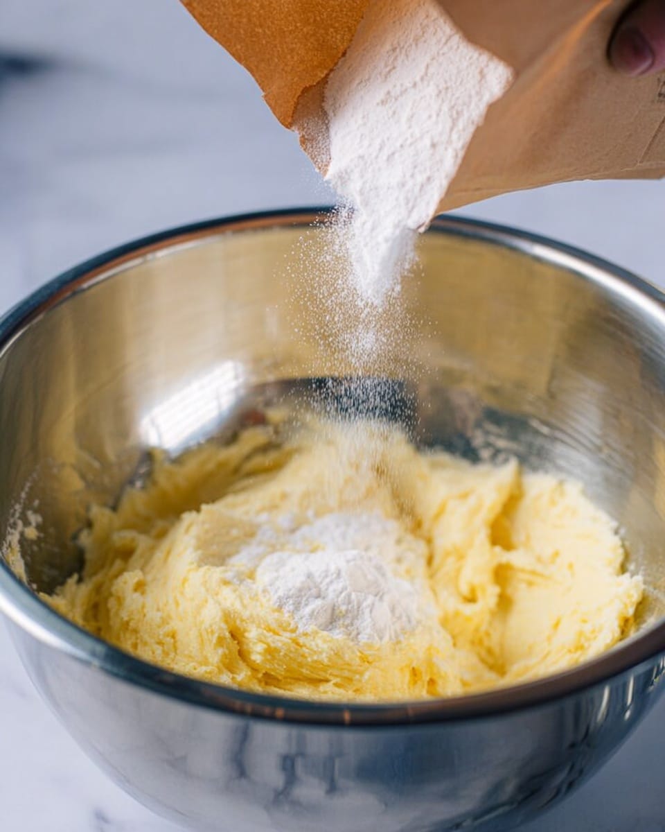 A close-up view of a shiny silver mixing bowl filled with creamy yellow butter or dough on the sides and bottom, with a white powder ingredient being poured into the center from a brown paper bag above. The background shows a blurred scene with a white marbled texture surface under the bowl, and a woman's hand holding the bag pouring the powder. The mixture inside the bowl looks soft and smooth with some ridges where it was stirred photo taken with an iphone --ar 4:5 --v 7