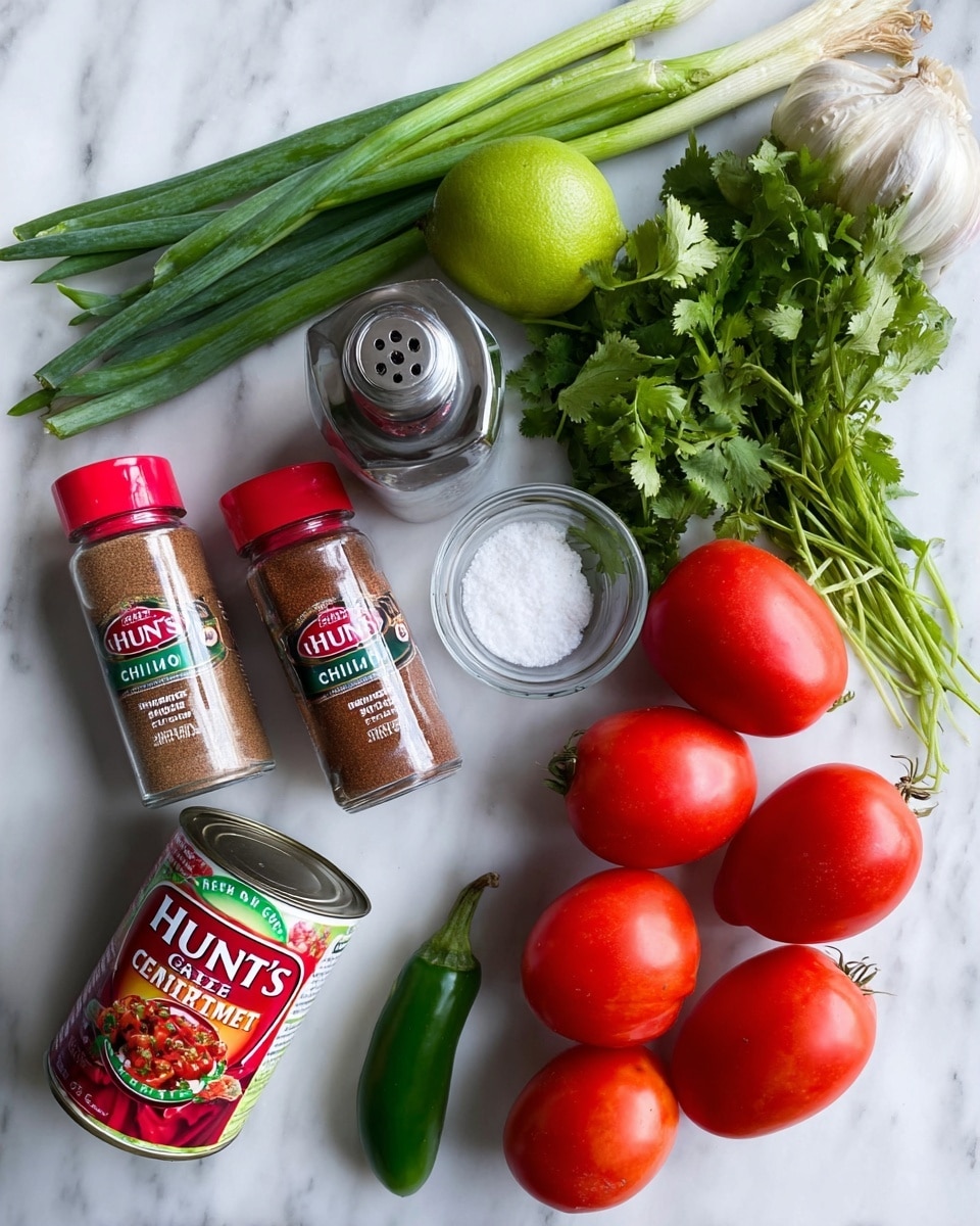 The image shows fresh and packaged ingredients placed on a white marbled surface. There are five red Roma tomatoes grouped on the right side, with a bunch of green cilantro beside them. Above the cilantro is a whole green lime and a clove of garlic next to a whole small red onion. To the left, three long green spring onions lay stretched diagonally across the middle. Below them, two spice jars with red caps are labeled ground cumin and chili powder. A small metal and clear pepper grinder sits near the spices, and a small glass bowl containing salt is placed above the grinder. At the bottom left corner, a single green jalapeño pepper rests beside the spices. In the bottom center, there is a can of Hunt's petite diced tomatoes tilted slightly to the right. The lighting is bright and natural, with everything clearly visible. photo taken with an iphone --ar 4:5 --v 7