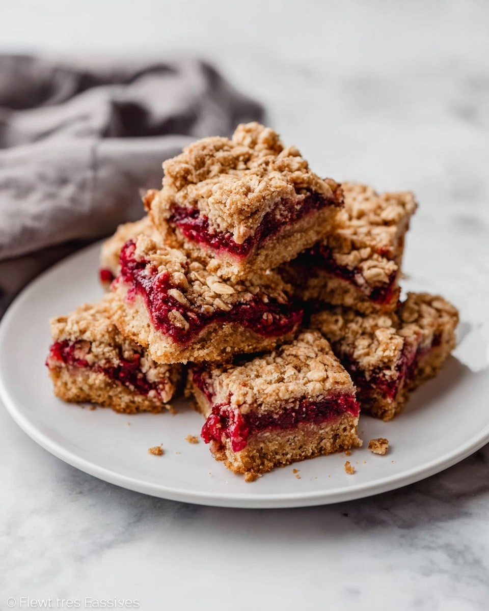 A white plate holds six square oat bars stacked loosely in the center, each bar showing a golden-brown crumbly oat layer on top and bottom, with a bright red berry filling in between that looks soft and juicy. The oat layers have a rough texture with visible rolled oats, and the berry layer is unevenly spread, giving a natural, homemade look. The background is a white marbled surface with a folded gray cloth nearby. The photo taken with an iphone --ar 4:5 --v 7