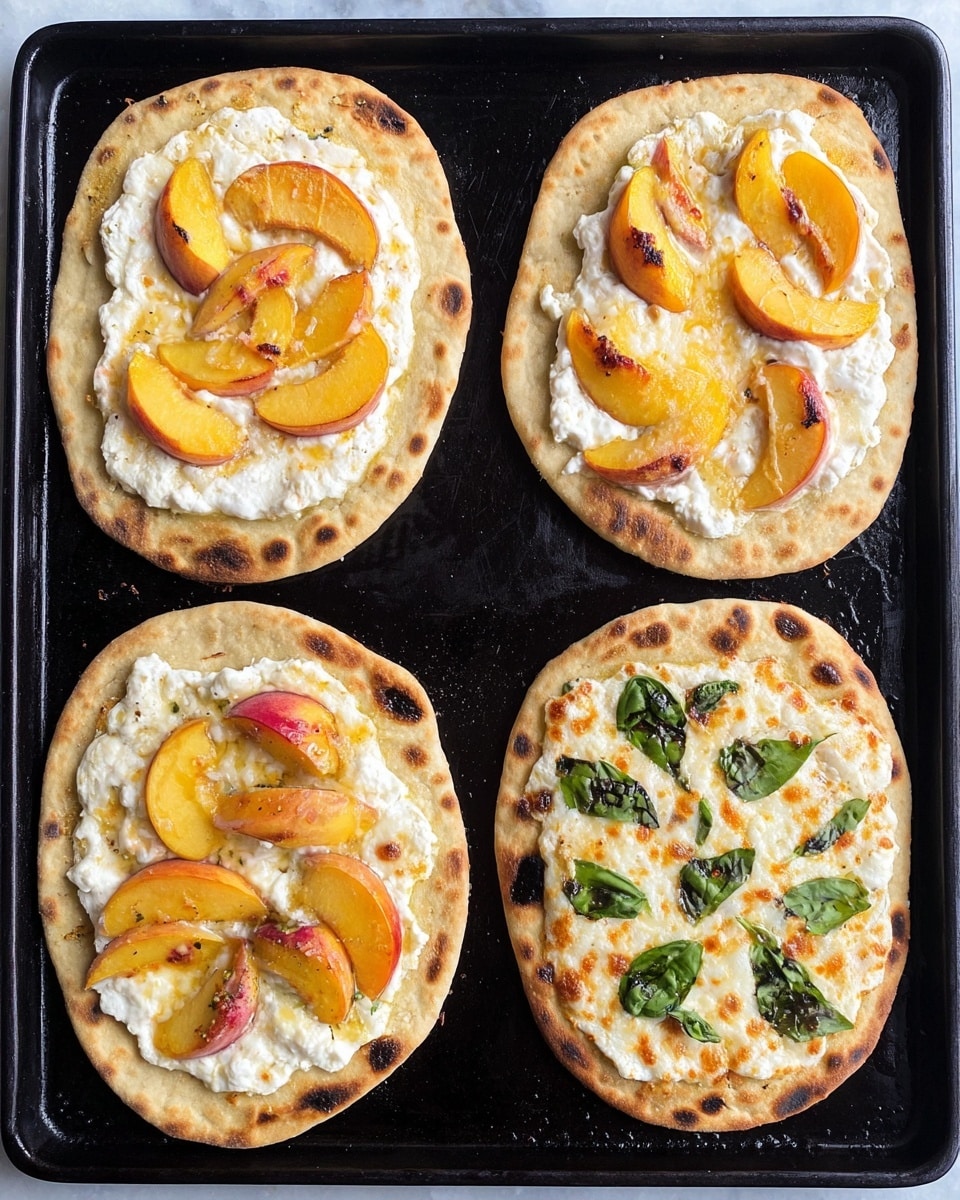 The image shows two small oval flatbreads placed side by side on a black baking sheet with a white marbled surface underneath. Each flatbread has four layers: the bottom layer is a golden toasted flatbread with light brown spots; the second layer consists of uneven dollops of soft white cheese spread across the surface; the third layer adds slices of fresh peach arranged in a circular pattern on top of the cheese; and the final top layer after baking is a mix of melted cheese with some fresh green basil pieces scattered over both flatbreads, creating a colorful contrast of orange, white, and green on a crispy, browned base. Photo taken with an iphone --ar 4:5 --v 7