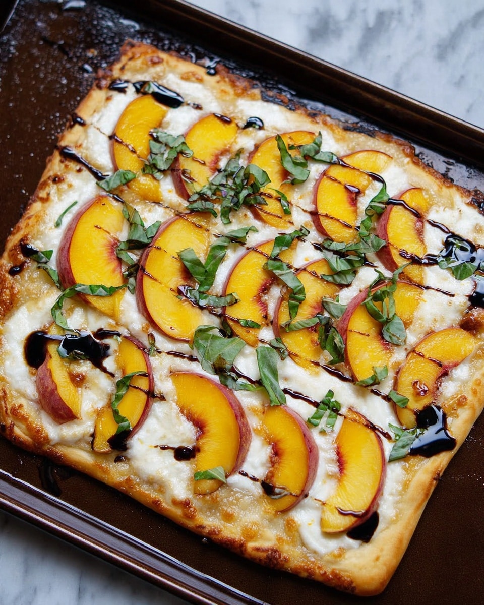 The image shows a flat, rectangular pizza with a golden brown crust as the base layer. On top, there is a layer of melted white cheese spreading unevenly, creating a smooth and slightly bubbly texture. Over the cheese, there are slices of yellow and red peach arranged in rows, each slice slightly overlapping. There are small pieces of green basil leaves sprinkled on top for a fresh touch. Dark brown balsamic glaze is drizzled over the entire pizza, adding shiny, rich streaks across the surface. The pizza sits directly on a dark cooking tray with a shiny texture, and the background is a white marbled surface. Photo taken with an iphone --ar 4:5 --v 7