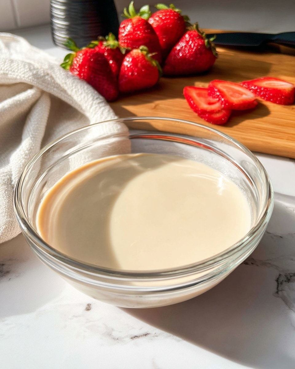 A clear round glass bowl filled with a smooth, creamy light beige liquid, placed on a white marbled surface. Behind the bowl, there are fresh whole strawberries with green leaves, and a few strawberry slices resting on a wooden cutting board. A black spoon holder and a white cloth are also visible in the background, adding a cozy kitchen atmosphere. The image is bright with natural sunlight shining on the bowl and strawberries, highlighting the textures and colors. Photo taken with an iphone --ar 4:5 --v 7