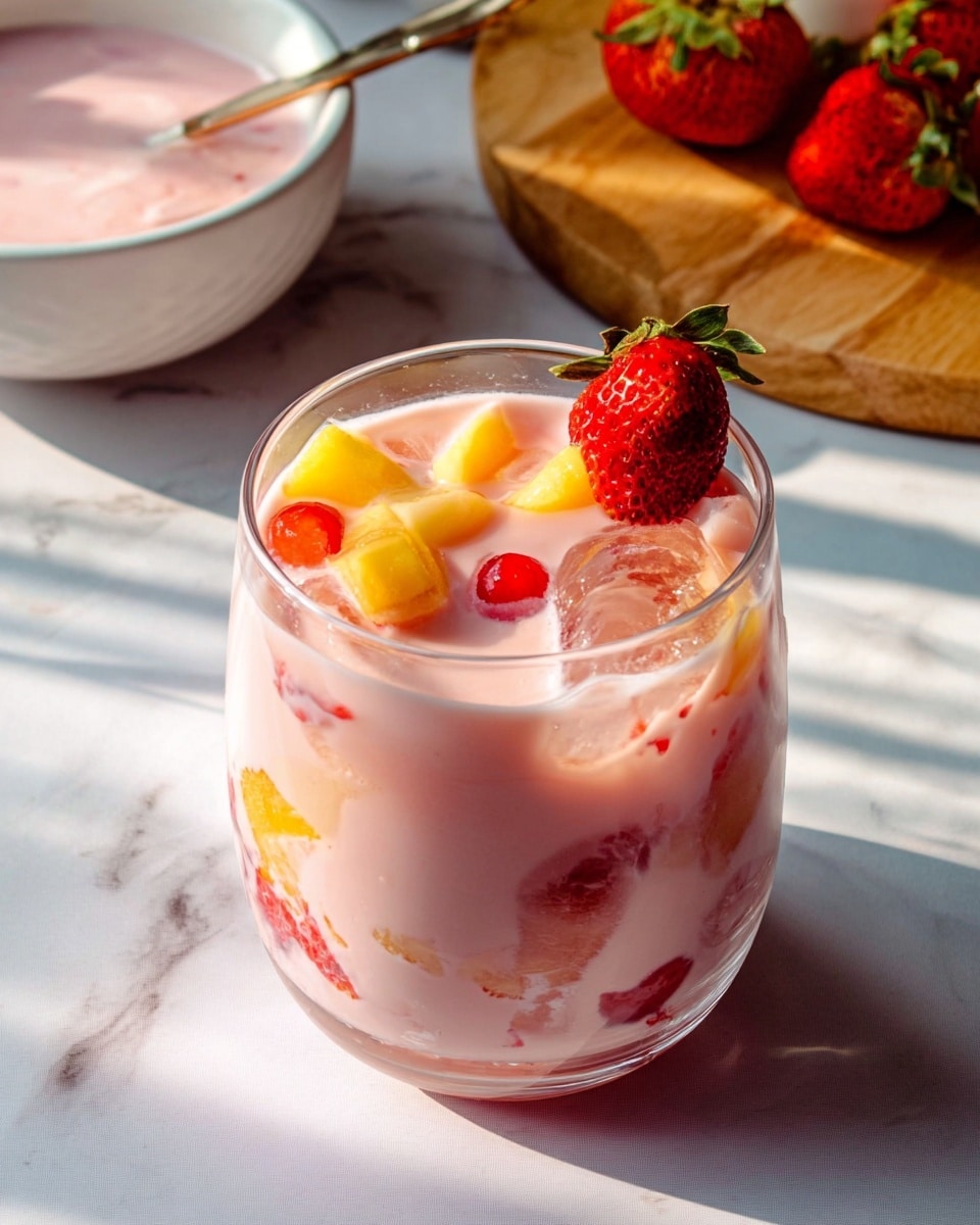A clear glass filled with a creamy pink drink has several visible layers inside: at the bottom, pieces of yellow mango and red strawberries, surrounded by the pink creamy liquid. Near the top, there are small red round fruit pieces floating, topped with a red strawberry with a dark green stem on the rim of the glass. The glass sits on a white marbled surface with a bright light casting soft shadows. In the background, there is a white bowl filled with the same pink creamy liquid and some fruit, along with a wooden board holding a bright red strawberry. Photo taken with an iphone --ar 4:5 --v 7