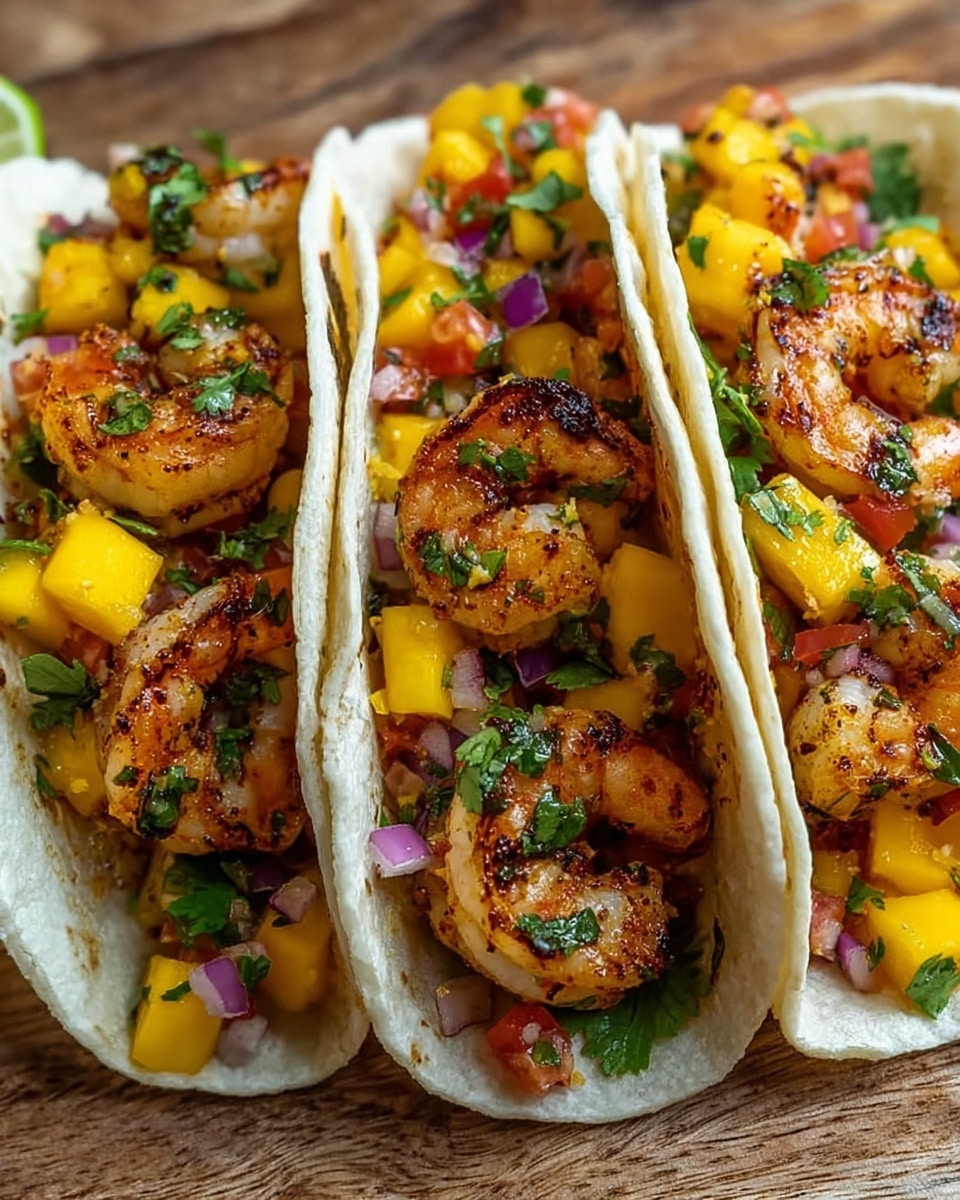 Three soft white corn tortillas are filled with layers of grilled shrimp that have a light char and seasoned with spices, cubes of bright yellow mango, small pieces of red onion, green cilantro leaves, and finely chopped red tomatoes, all mixed together inside each tortilla. The tacos are placed close together on a wooden surface, showing a fresh and colorful arrangement. photo taken with an iphone --ar 4:5 --v 7
