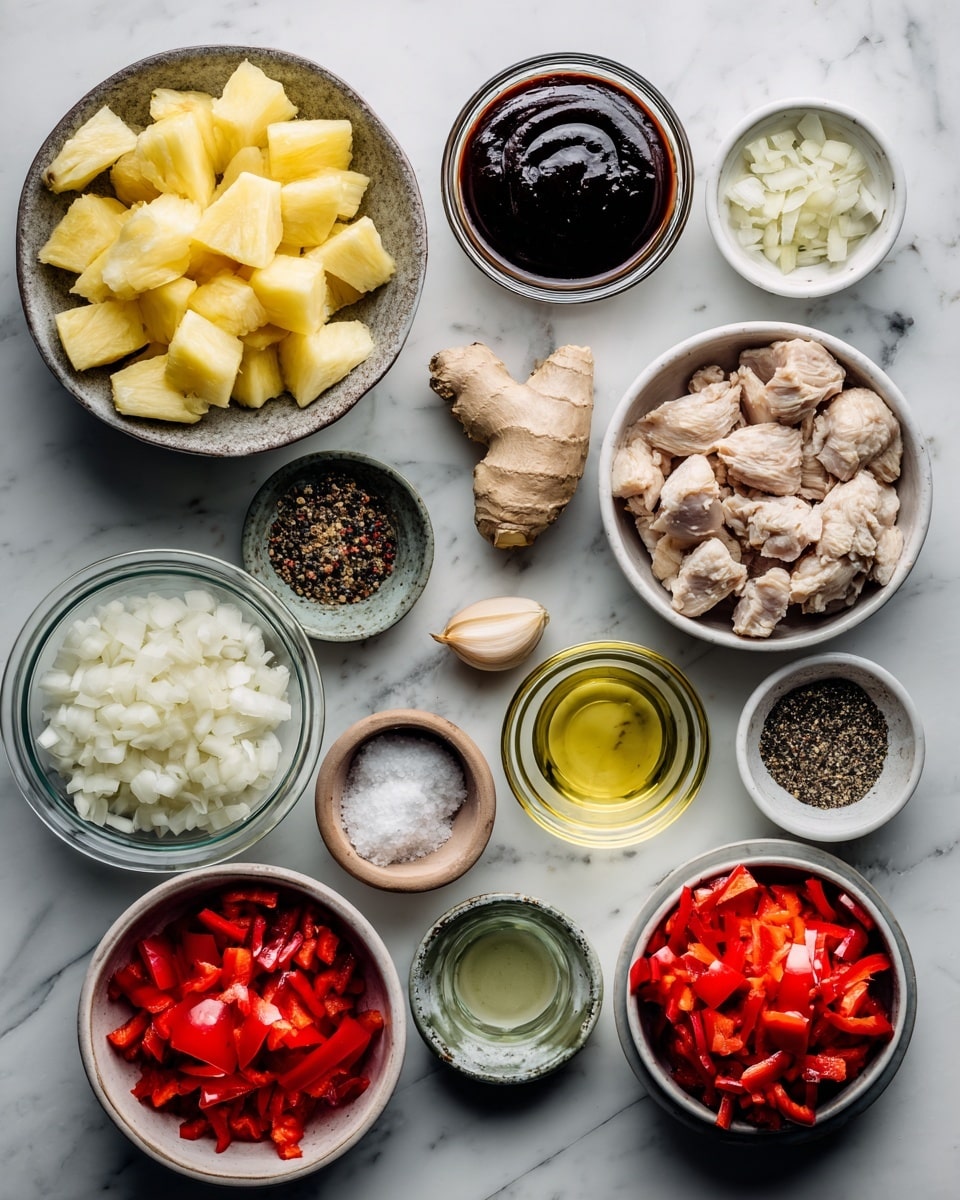 Top-down professional food photography, flat lay style, bright white marble countertop, neatly arranged, evenly spaced, tidy, clean organized layout, include: small bowl of barbecue sauce, small bowl of teriyaki sauce, small bowl of minced garlic, small bowl of freshly grated ginger, bowl of prepared chicken pieces, bowl of fresh pineapple chunks, bowl of red bell pepper pieces, bowl of sweet onion pieces, small glass cup of canola oil, small bowl of kosher salt, small bowl of freshly ground black pepper, bright soft natural lighting, sharp focus, high detail textures, realistic reflections, professional DSLR look, 4K, no finished dish, no cooked food, no hands, no text, no watermark, no brand logos --ar 4:5 --v 7