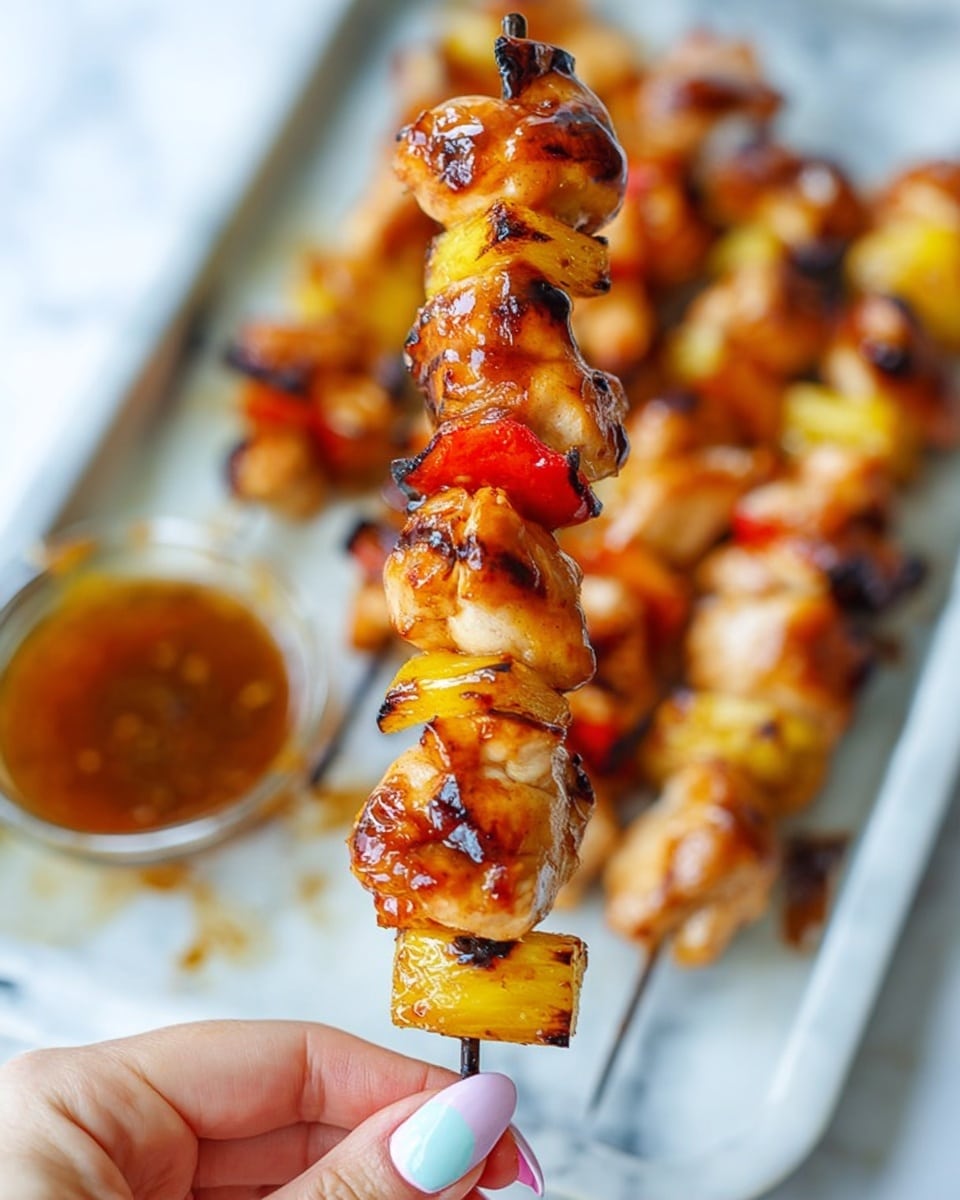 A close-up view of a grilled skewer held by a woman's hand with long nails painted in pastel colors. The skewer has several layers from bottom to top: glazed golden-brown chicken pieces with light grill marks, bright yellow grilled pineapple chunks with some caramelized edges, and small chunks of red bell pepper with slight charring. The skewer is shiny with sauce that looks sticky and rich. In the background, blurred, there are more similar skewers on a white marbled tray and a small glass bowl with sauce. The colors on the skewer are warm with orange, brown, yellow, and red tones. photo taken with an iphone --ar 4:5 --v 7