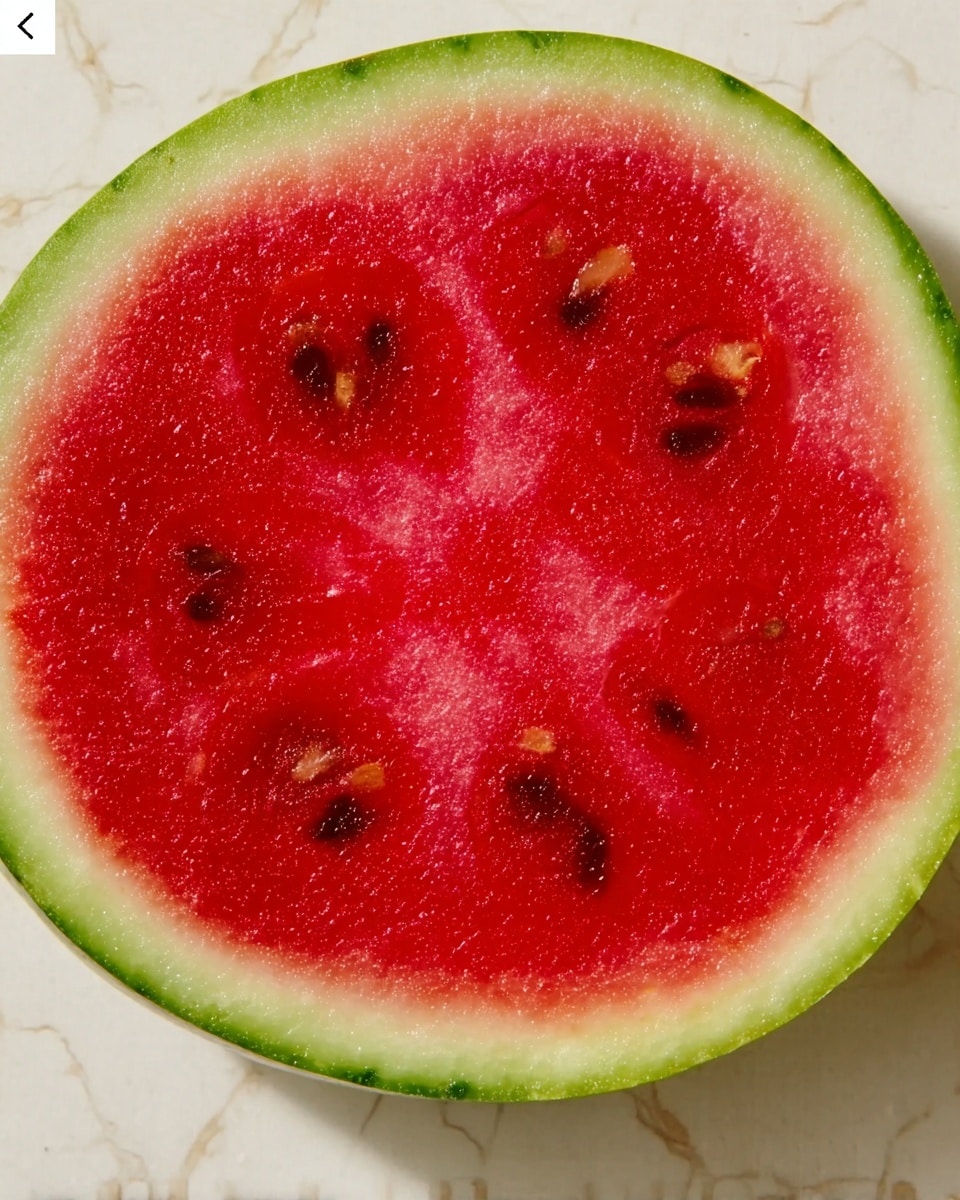 A close-up image of a round slice of watermelon with a green rind around the edge. The inside is bright red with small black seeds scattered throughout. The texture looks juicy and soft, with slight variations in red shades showing the fruit's freshness. The slice is placed on a white marbled surface photo taken with an iphone --ar 4:5 --v 7