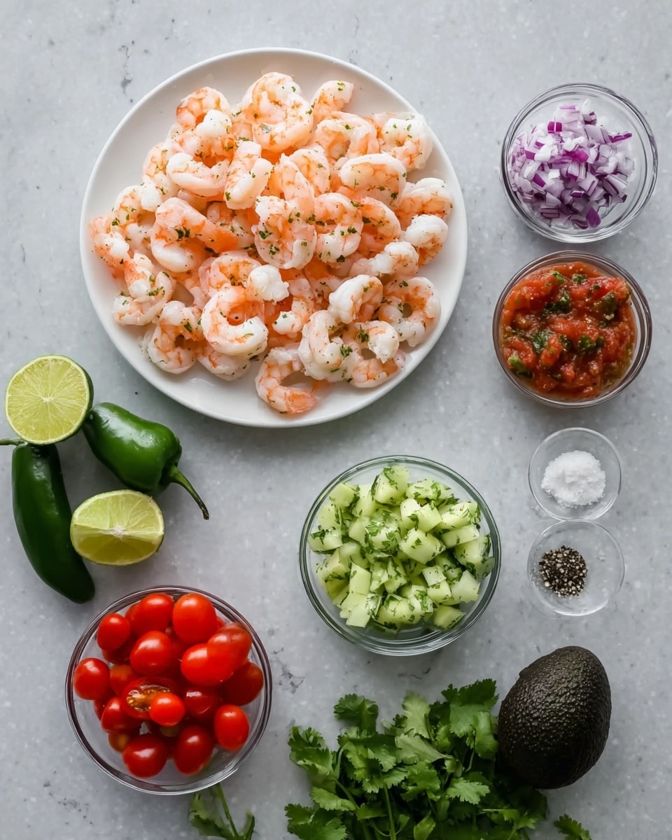 The image shows a white round plate filled with peeled, orange and white cooked shrimp neatly arranged in a single spread. Below the plate, on a white marbled surface, there are five small glass bowls: the top bowl has chunky red salsa with herbs, the middle bowls contain finely chopped purple onions and diced green cucumbers respectively, and the bottom bowl holds quartered cherry tomatoes. To the left of the bowls, there is a whole green jalapeño pepper, a bunch of fresh cilantro with green leaves, a whole lime, and a small pile of white salt and black pepper next to each other. On the bottom right, there is a whole dark green avocado. Photo taken with an iphone --ar 4:5 --v 7