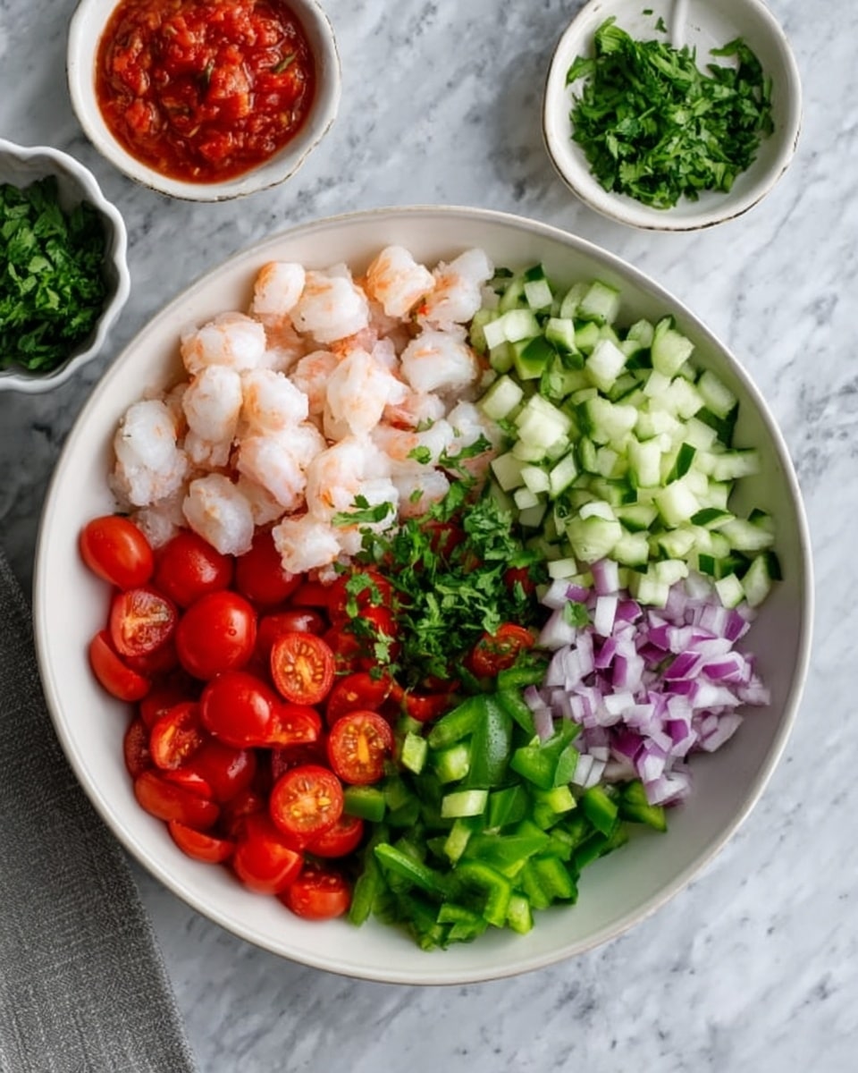 The image shows a white bowl on a white marbled surface, filled with five separate sections of fresh ingredients. The top left section is filled with chunks of pale pink and white shrimp with a soft texture. To the right of the shrimp, there is a pile of small, chopped green cucumber pieces with a fresh, smooth texture. Below the cucumber, there are bright red, halved cherry tomatoes with a juicy and shiny look. On the bottom left, there are finely chopped green bell peppers with a crisp texture. In the middle at the bottom, there are diced purple onions with a slightly translucent look. In the center of the bowl is a small amount of chopped green cilantro. Above the bowl, two small white dishes hold a red salsa and chopped green cilantro. The photo taken with an iphone --ar 4:5 --v 7