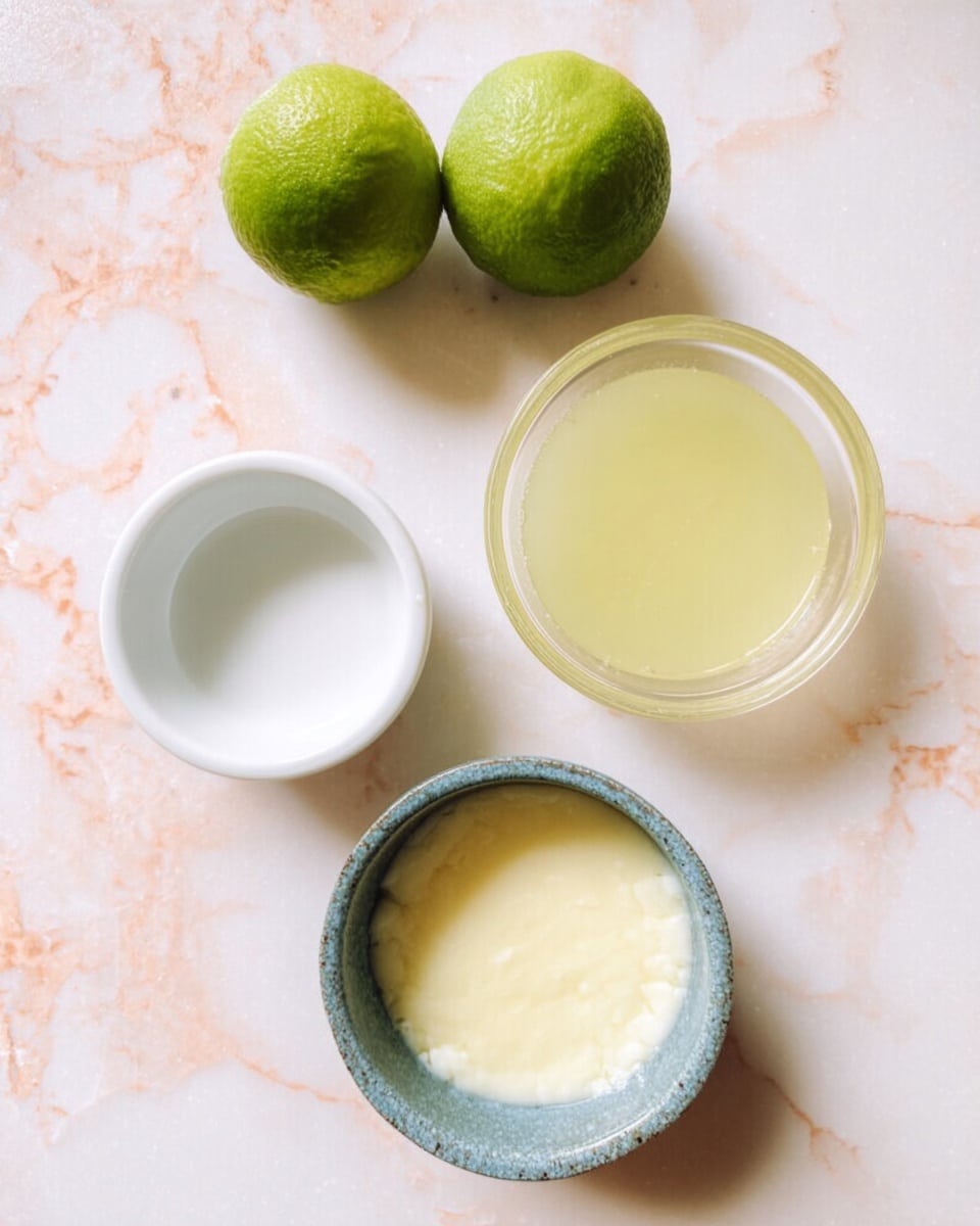 The image shows three small bowls placed on a white marbled surface. Two bright green limes are positioned near the top left. The top right bowl is filled with a pale yellow liquid, and the bottom right bowl contains a creamy light yellow mixture. The bowl on the left is empty and white. Photo taken with an iphone --ar 4:5 --v 7