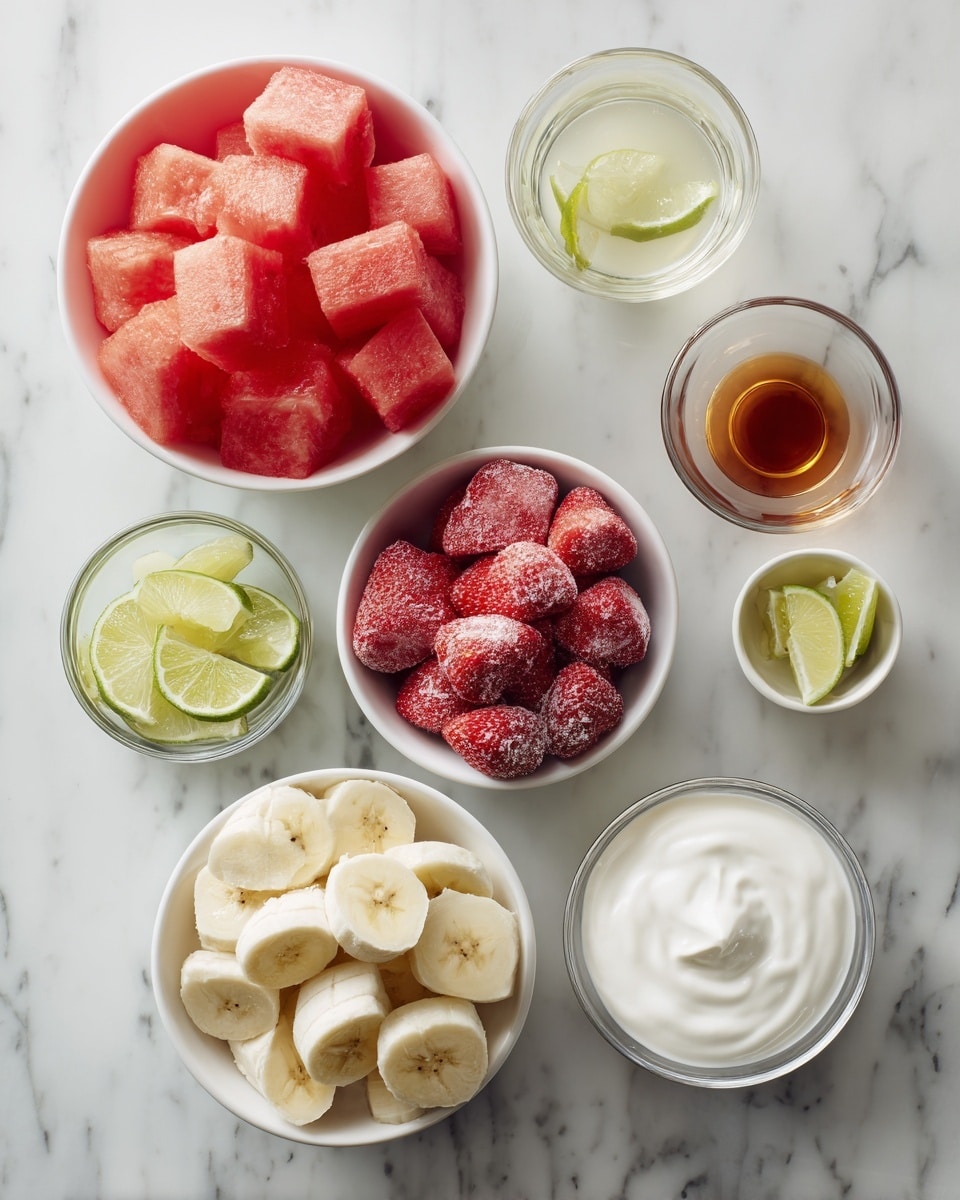Top-down professional food photography, flat lay style, bright white marble countertop, neatly arranged, evenly spaced, tidy, clean organized layout. Include: bowl of fresh watermelon cubes, small bowl of frozen strawberries, small bowl of frozen banana slices, small glass cup of lime juice with lime zest, small bowl of vegan yogurt, small glass cup of maple syrup. Bright soft natural lighting, sharp focus, high detail textures, realistic reflections, professional DSLR look, 4K. No finished dish, no cooked food, no hands, no text, no watermark, no brand logos --ar 4:5 --v 7