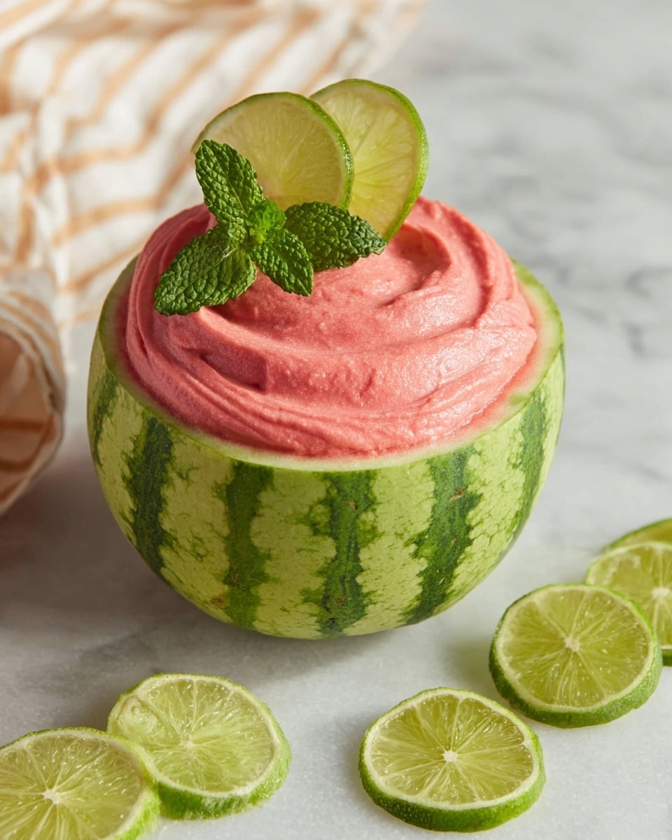 A dessert served inside a hollowed-out half watermelon with green striped rind. The inside layer is filled with smooth, thick pink watermelon mousse that slightly overflows the edges. On top are three thin, curved lime slices, bright green with a light yellow center, arranged standing up in the middle. Behind the lime slices is a small bunch of fresh green mint leaves adding height and contrast. Around the watermelon are three lime wedges placed on a white marbled surface. The background shows a striped beige and white cloth on the side. photo taken with an iphone --ar 4:5 --v 7
